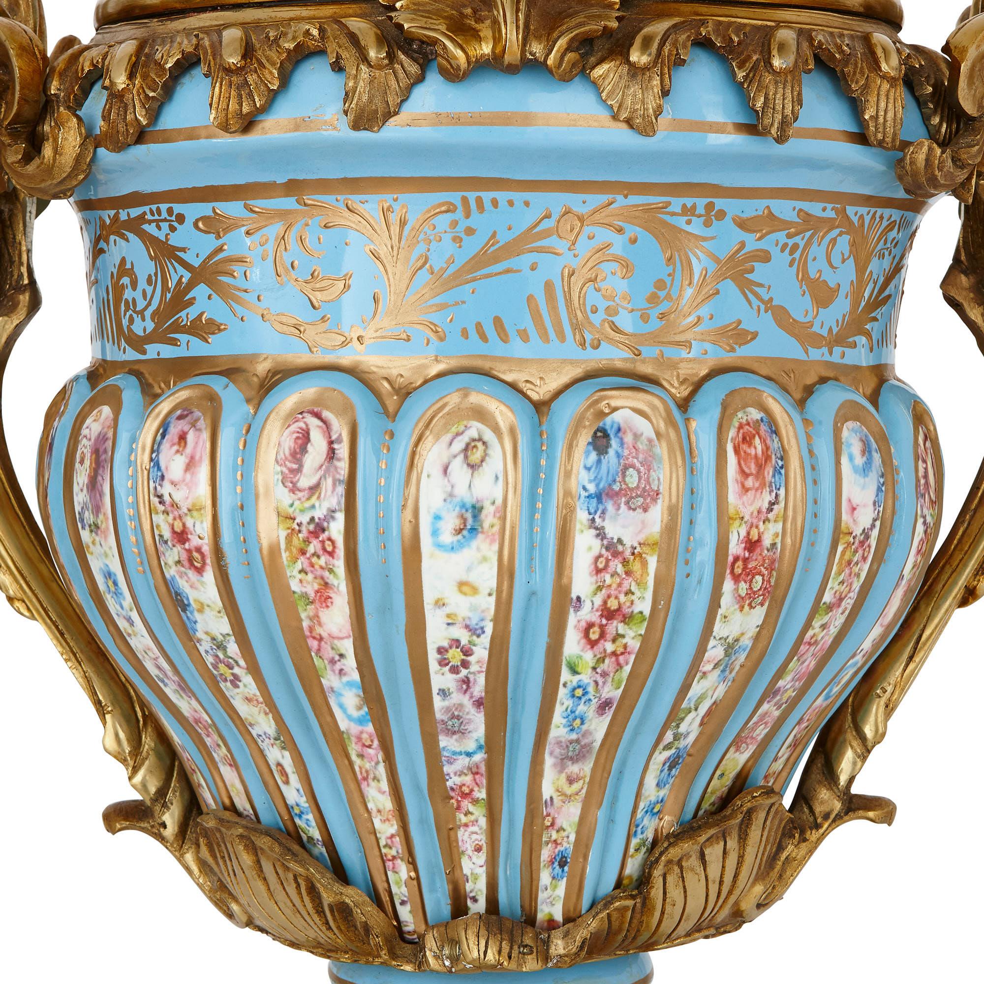 Rococo Two Sevres Style Porcelain and Gilt Bronze Urns