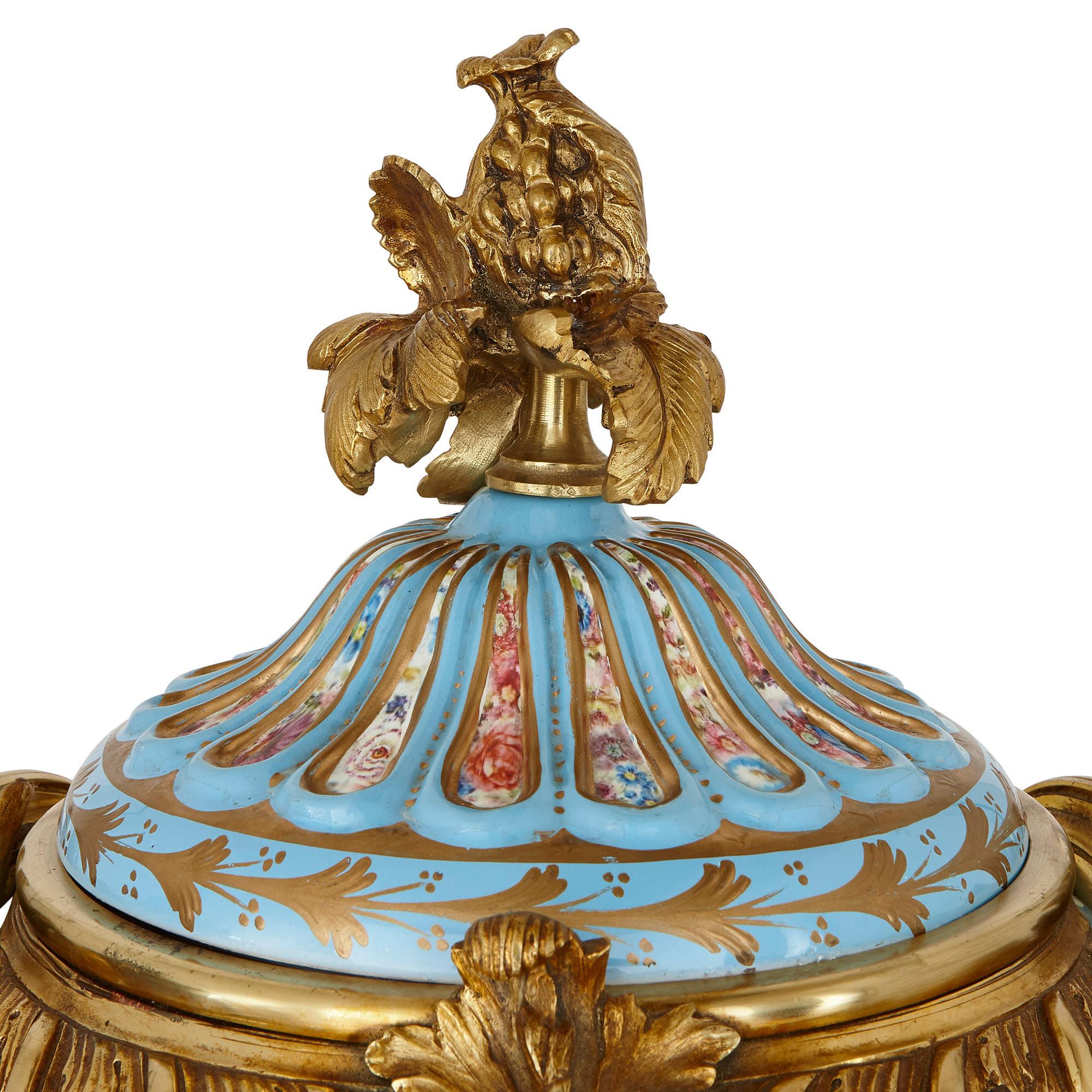 French Two Sevres Style Porcelain and Gilt Bronze Urns