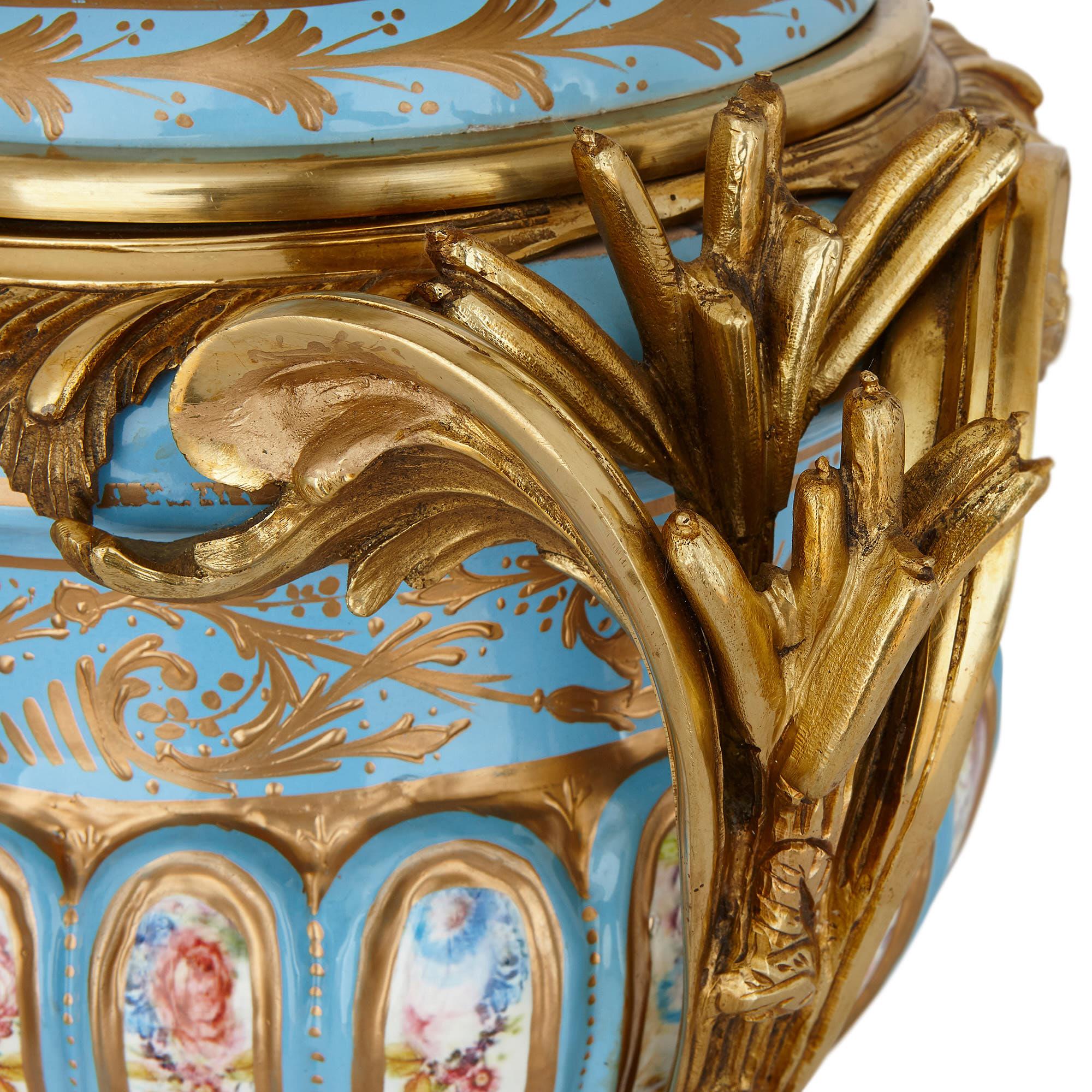 Two Sevres Style Porcelain and Gilt Bronze Urns In Good Condition In London, GB