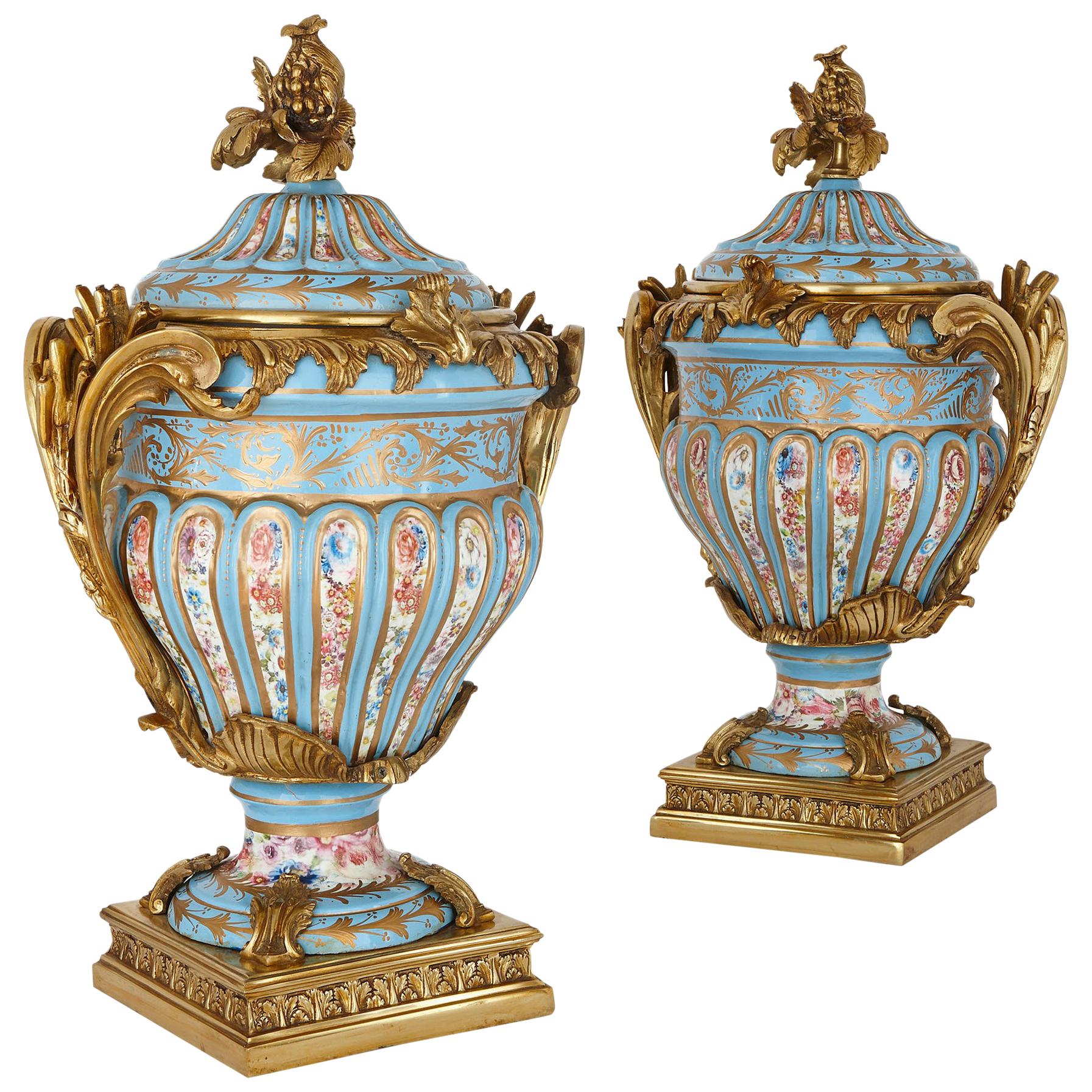 Two Sevres Style Porcelain and Gilt Bronze Urns