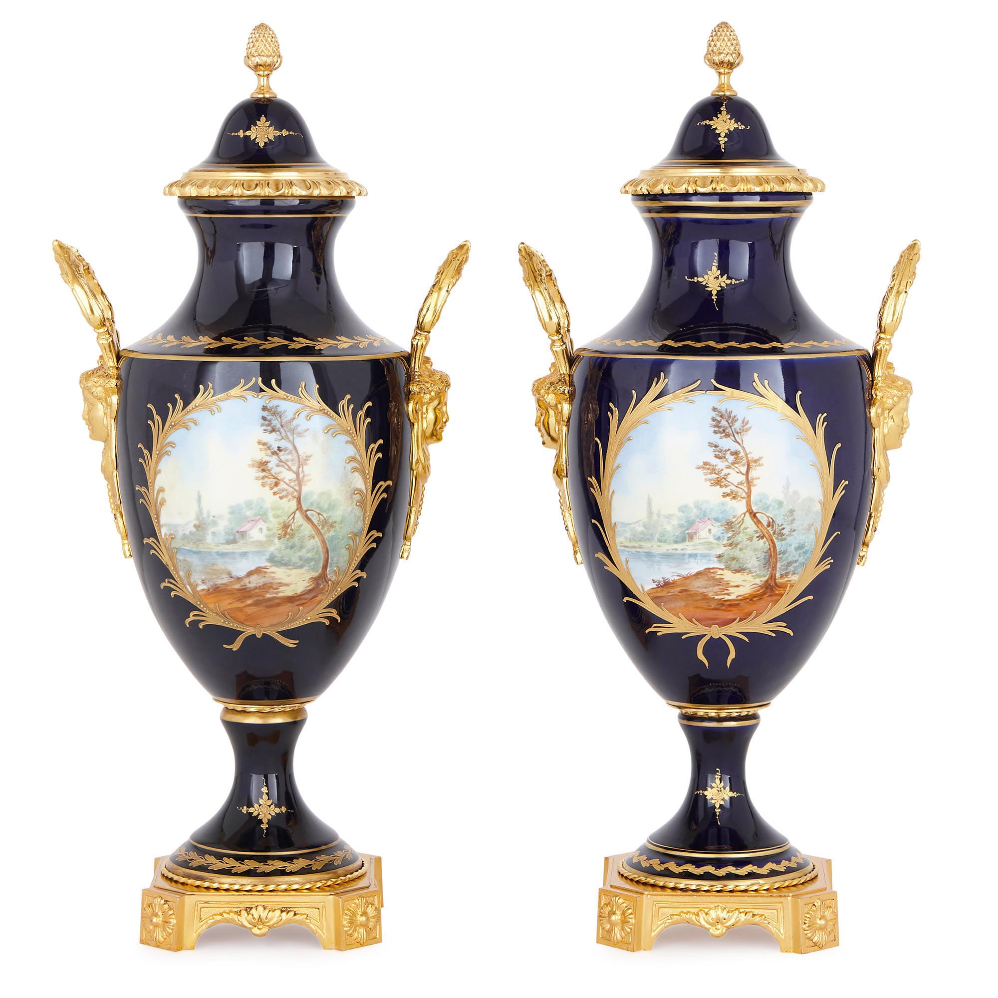These Sèvres style vases are elegant works of decorative art, which have been finely painted, gilded and mounted in gilt bronze (ormolu). The vases are designed in a graceful Rococo style, which was characteristic of porcelain goods produced by the