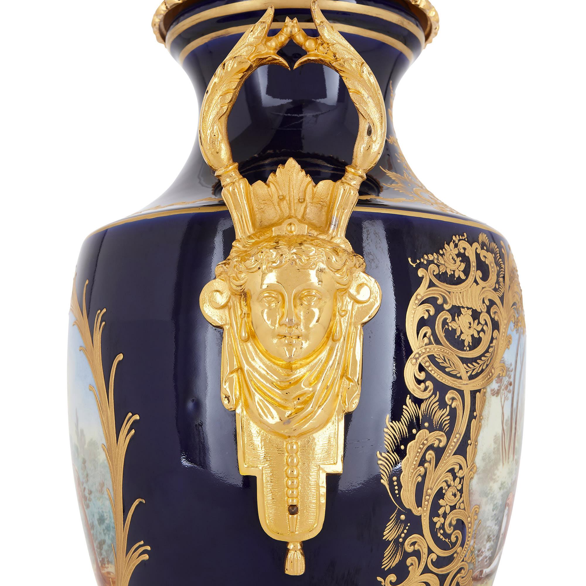 French Two Sèvres Style Porcelain and Gilt Bronze Vases