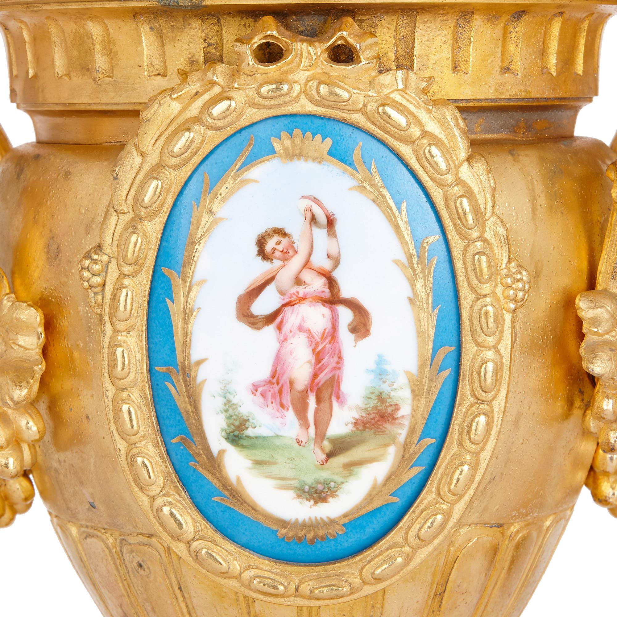 Neoclassical Two Sèvres Style Porcelain Mounted Gilt Metal Vases by Mourey