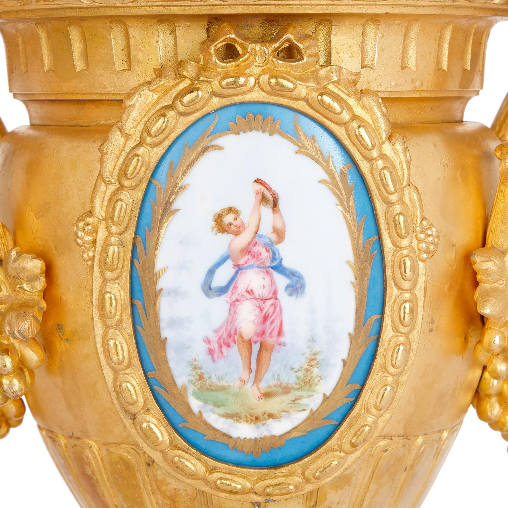 French Two Sèvres Style Porcelain Mounted Gilt Metal Vases by Mourey