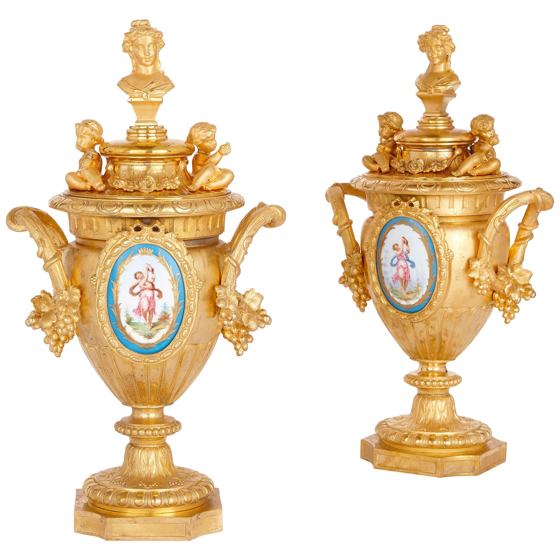 Two Sèvres Style Porcelain Mounted Gilt Metal Vases by Mourey