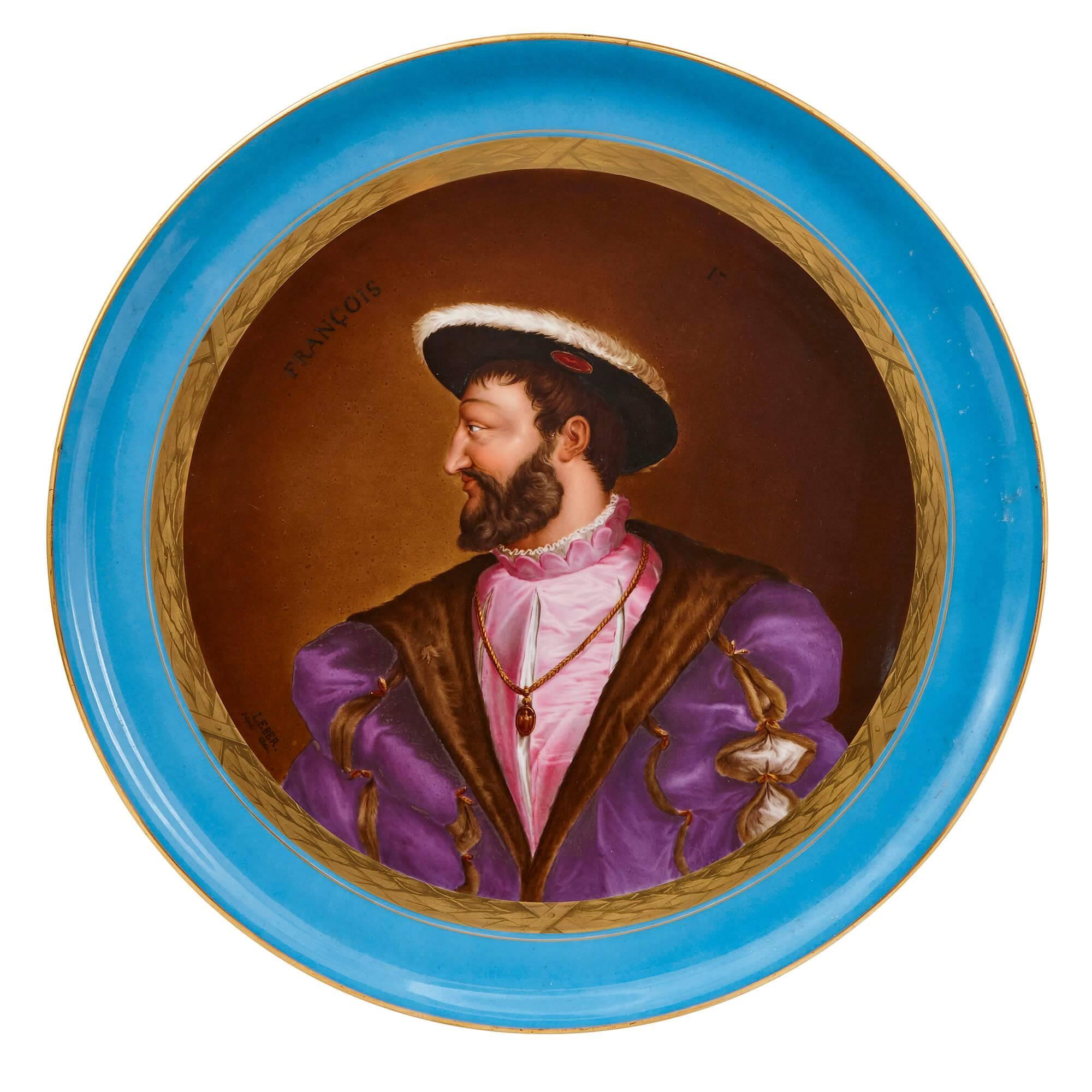 These antique French plates, or chargers, are finely decorated with the portraits of two historic Kings of France: Francois I and Henry II, painted after famous Renaissance works by Titian and Clouet.

The first plate depicts a shoulder-length
