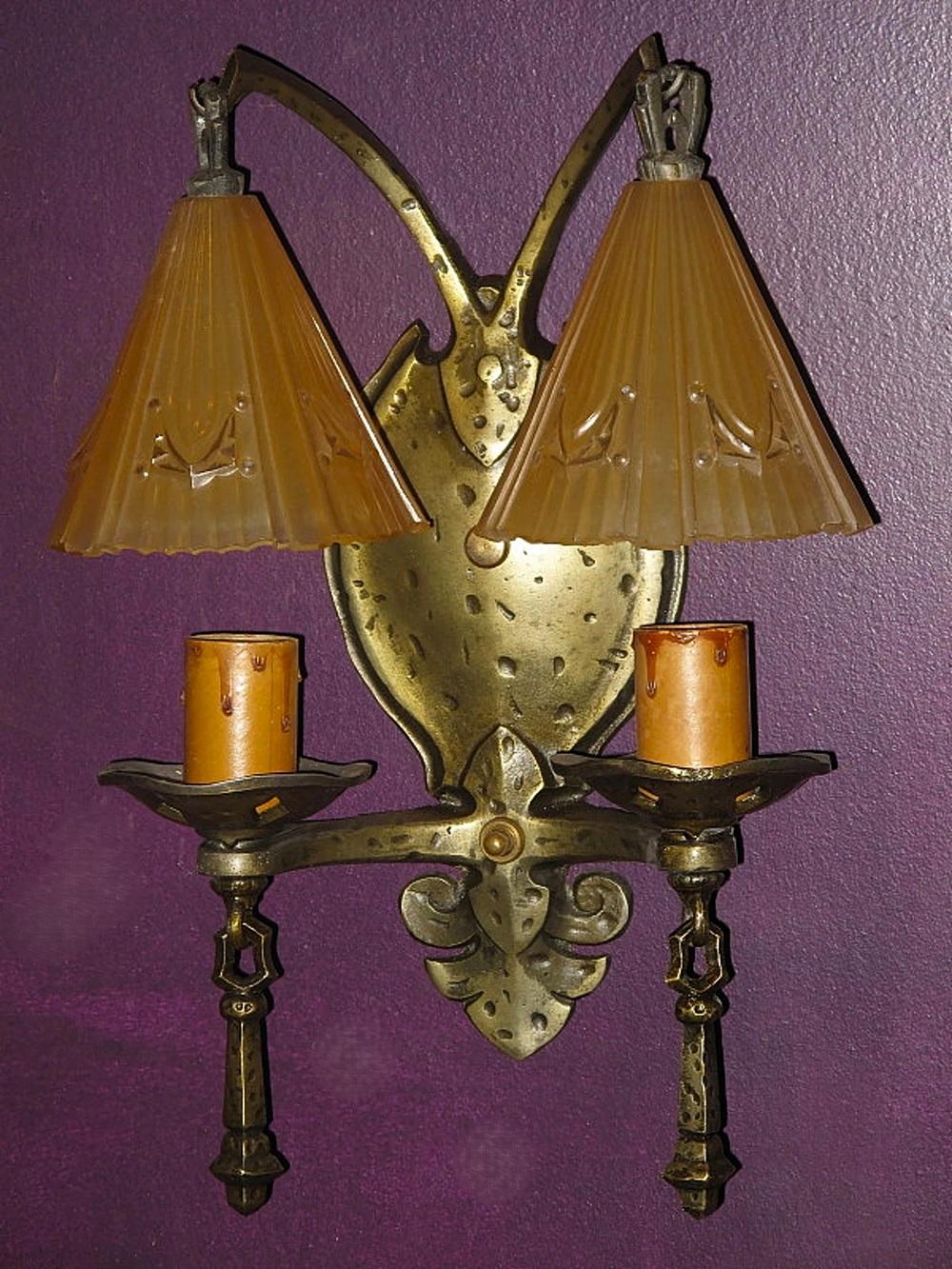 Arts and Crafts Two Shade Storybook Style Wall Sconces, priced per pair For Sale