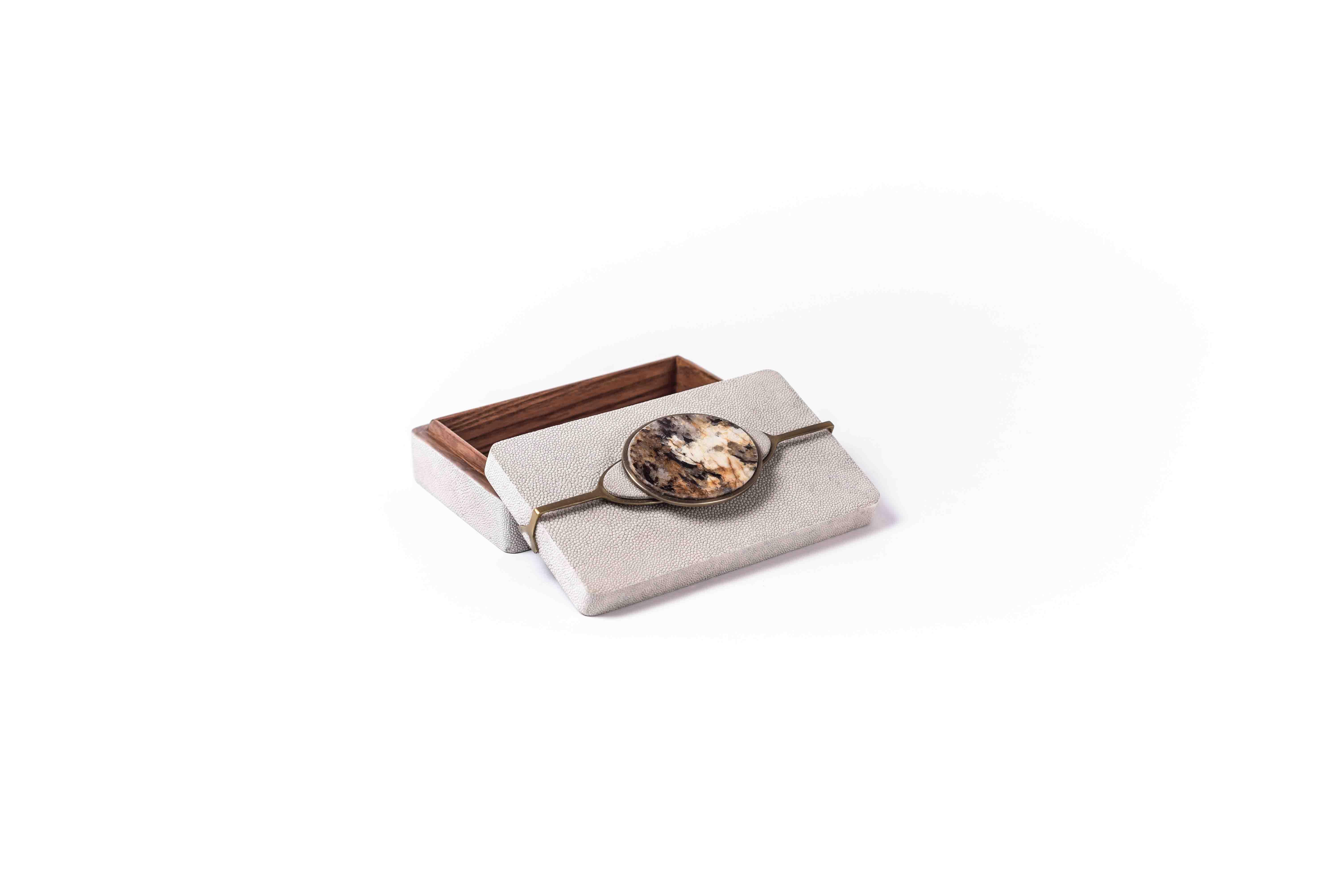Contemporary Two Shagreen Boxes with a Semi Precious Knob and Brass Details by Kifu Paris
