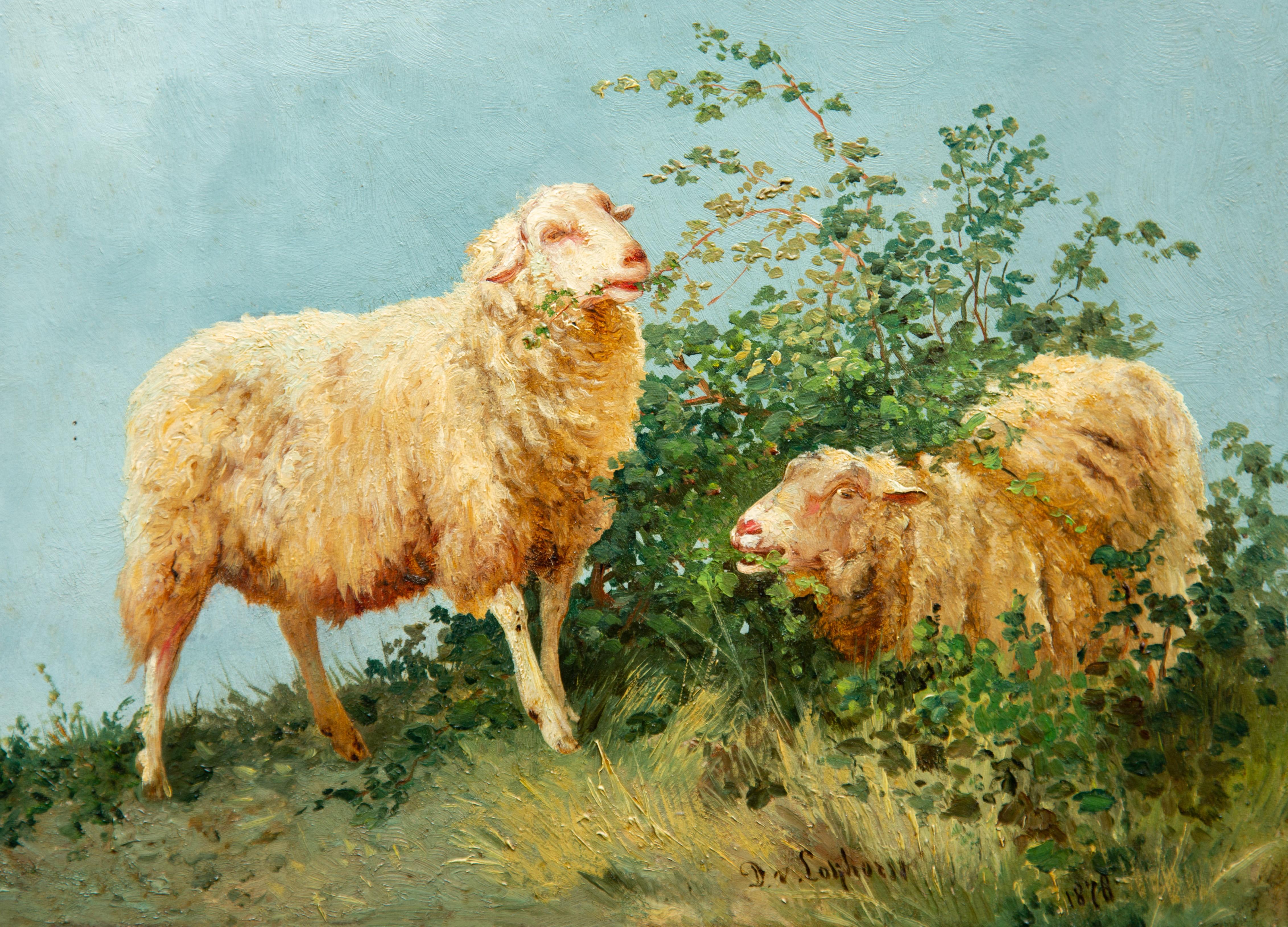 Zwei Schafe, die frei grasen, zusammen mit zwei Kompanionen von Dirk van Lokhorst (Farbe) im Angebot