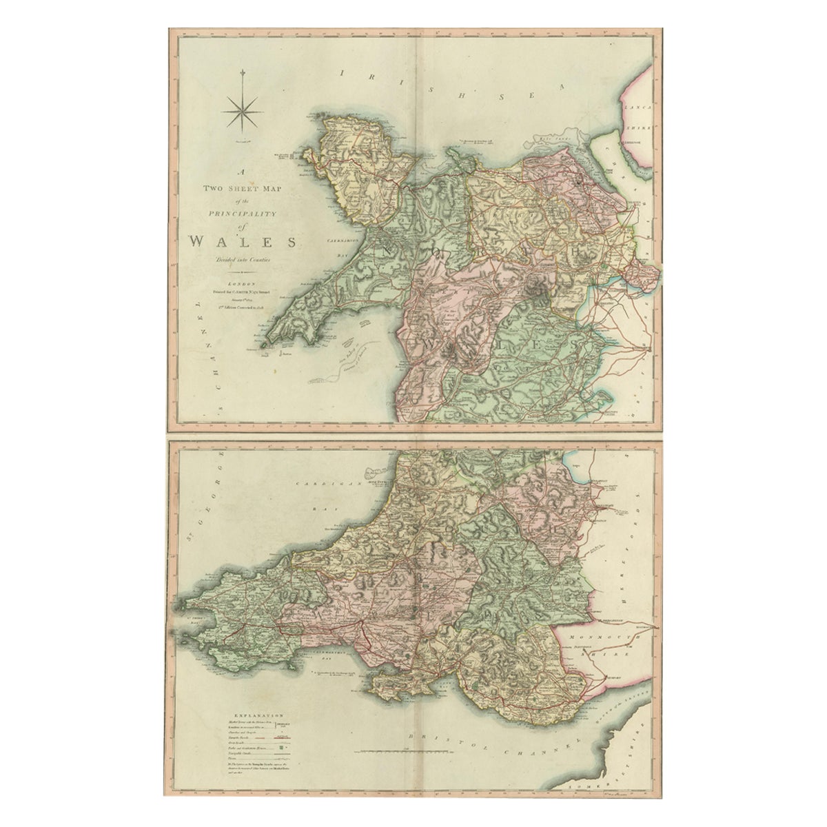 Mappa in due fogli del Principato del Galles diviso in contee, 1804