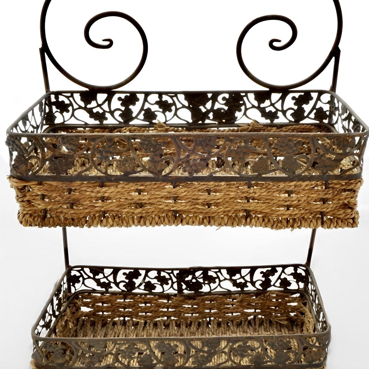 
Lovely two shelf woven and metal grape design wall hanging unit. The woven material is possibly seagrass. The unit is probably French. There is some rust to the metalwork. Measuring height 49.3 cm / 19.4 inches by width 26.9 cm / 10.6 inches, and
