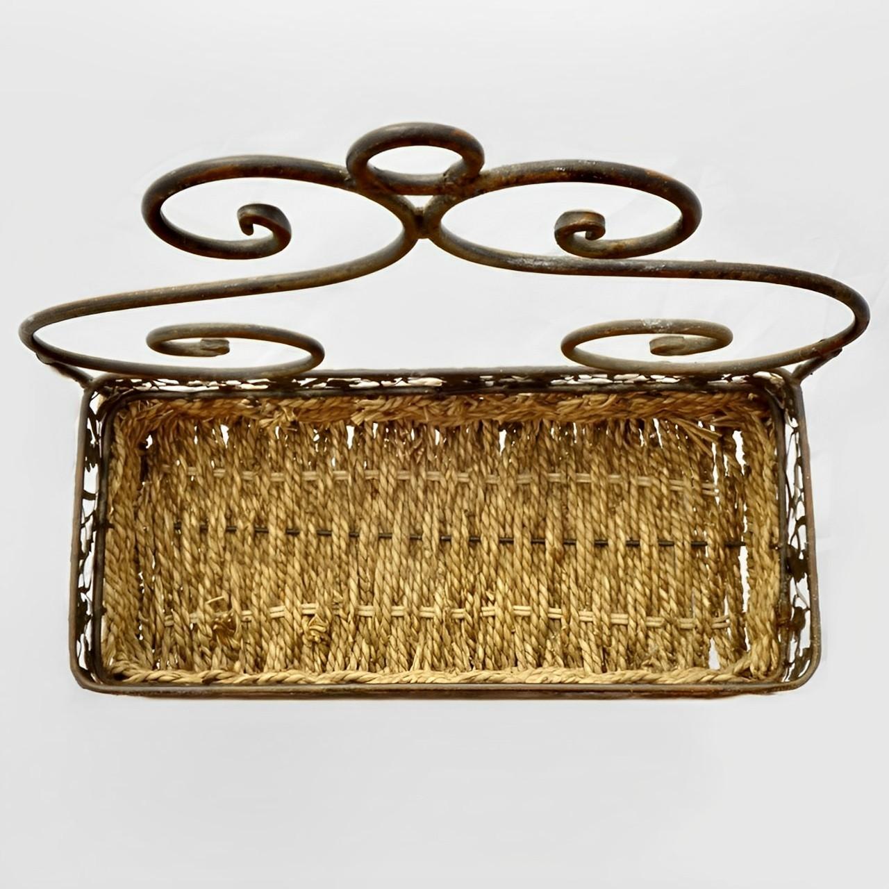 Seagrass Two Shelf Woven and Metal Grape Design Wall Hanging Unit circa 1960s For Sale