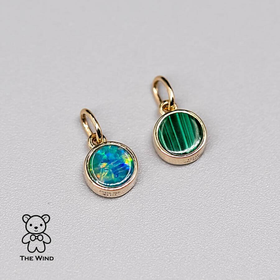 Taglio rotondo Collana con ciondolo a due lati in opale australiano e malachite 14K Yellow G in vendita