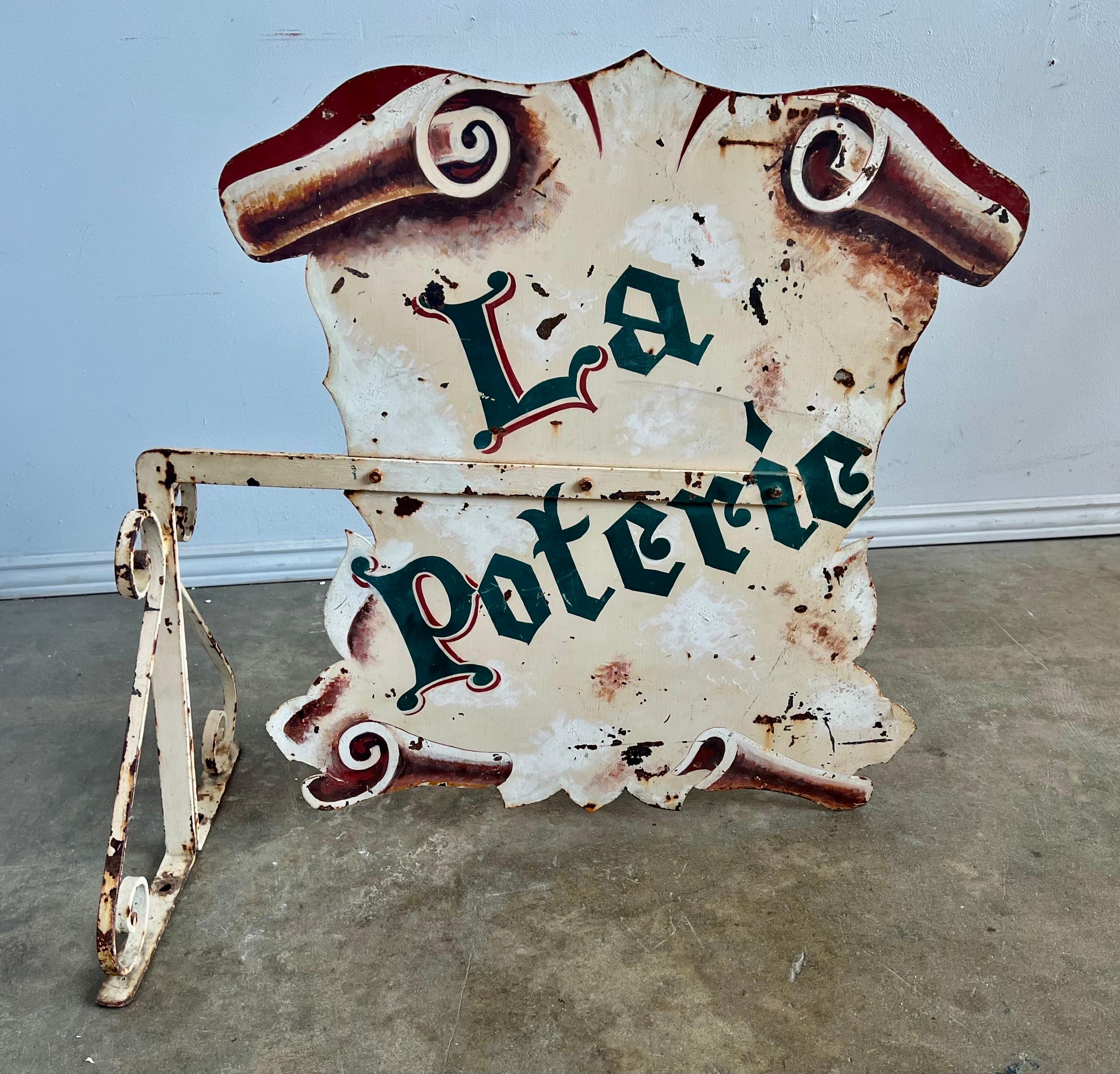 Two Side Enamel painted French Sign In Distressed Condition For Sale In Los Angeles, CA