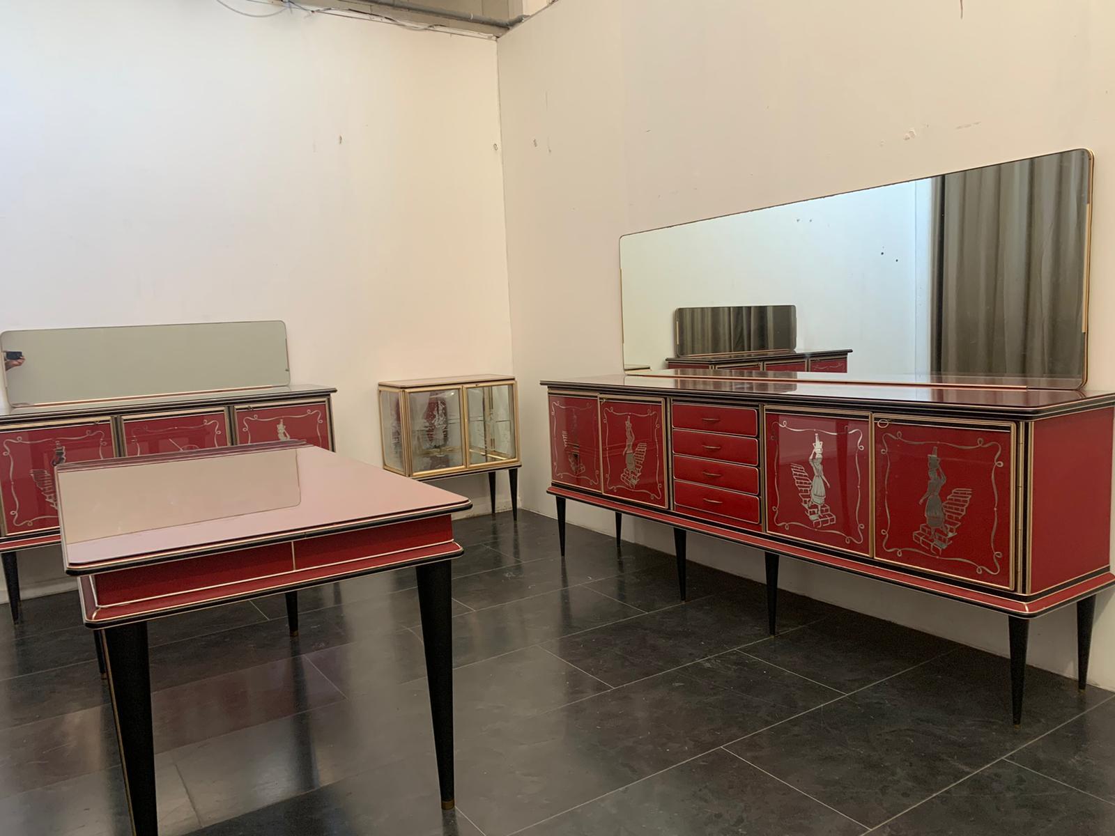 Mascagni set of 2 sideboards with mirror and table for Harrods London, Pompeian red and black leatherette. The corner cabinet in the photo is not available.
Large sideboard h95 X 252 X 50, 
Mirror H72 X 231 X 3, 
Small sideboard H95 X 157 X 50,