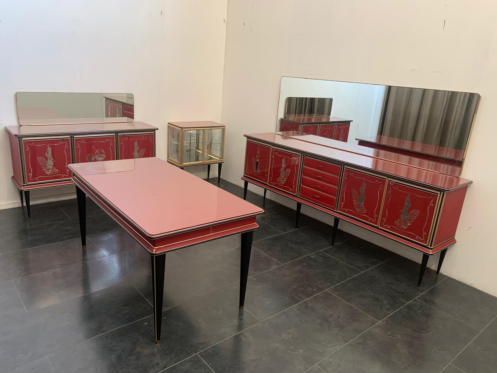 Mid-Century Modern Two Sideboards with Mirror and a Table by Umberto Mascagni for Harrods, 40s