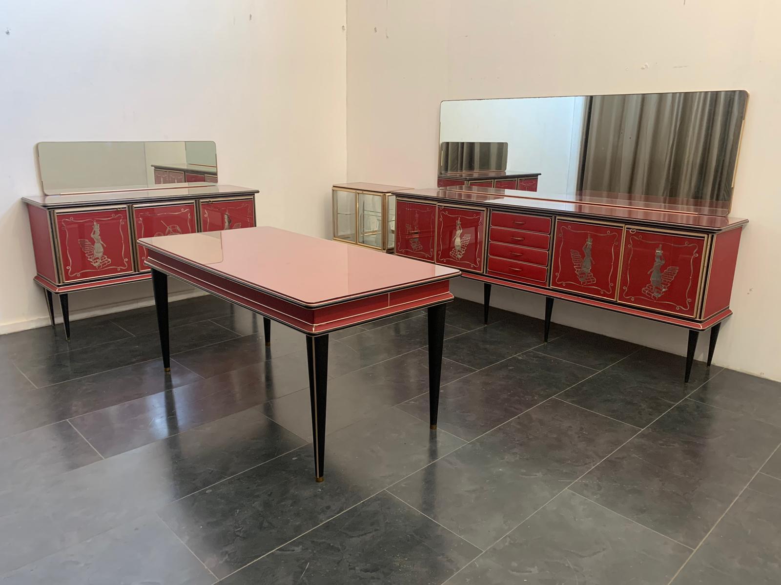 Italian Two Sideboards with Mirror and a Table by Umberto Mascagni for Harrods, 40s