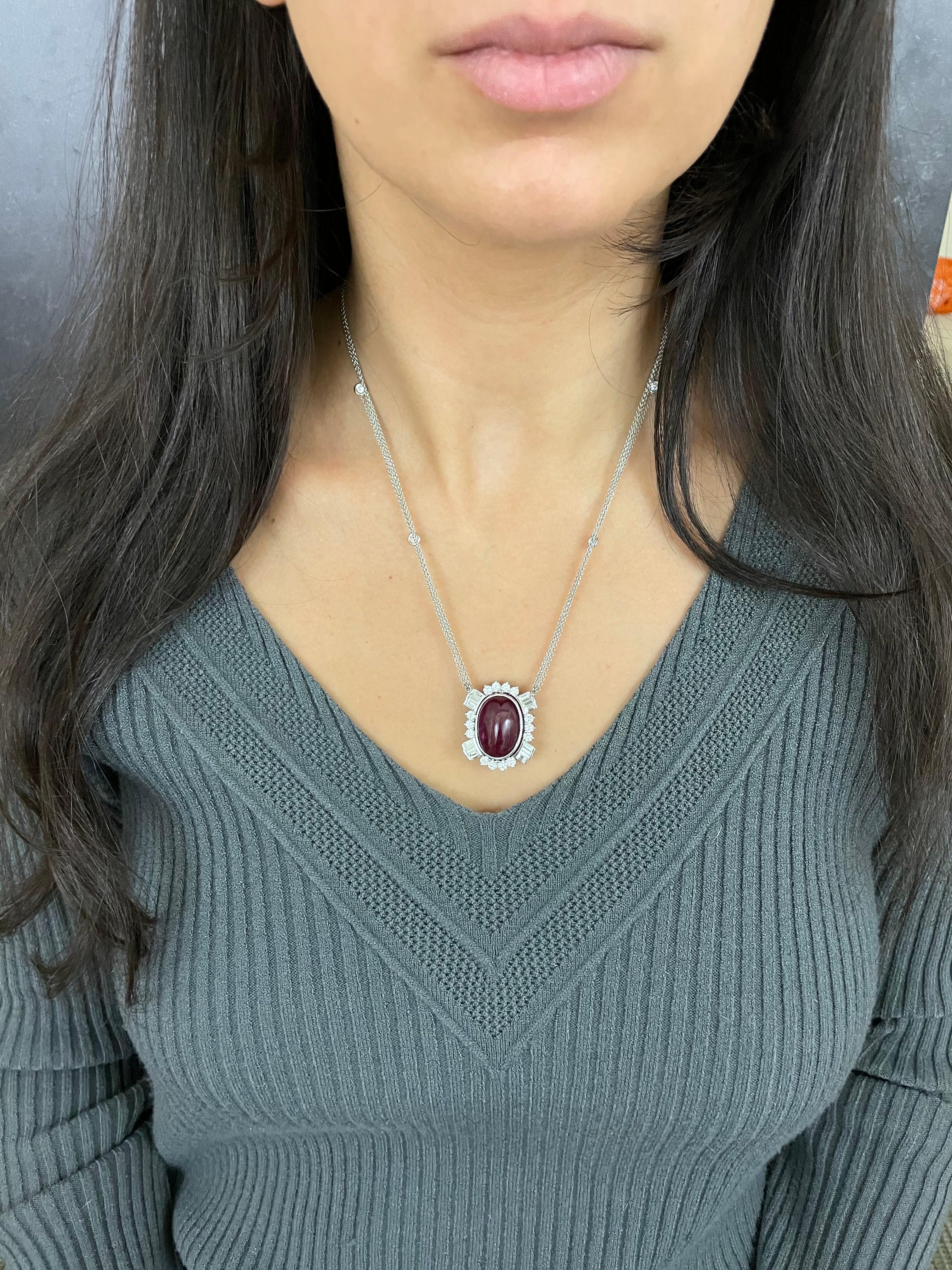 Oval Cut Two Sided Cabochon and Faceted Ruby Oval Baguette Diamond Necklace by the Yard For Sale