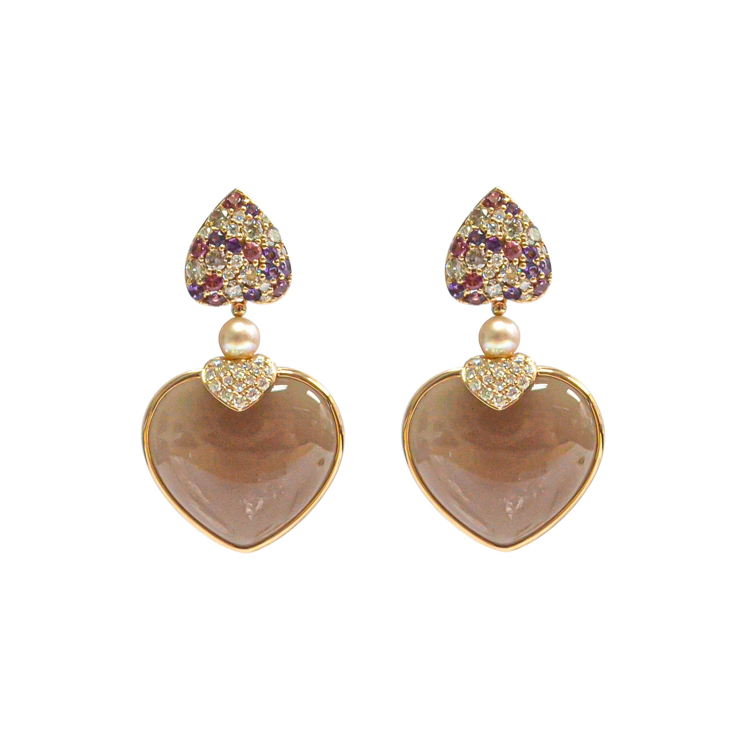 Ohrringe aus 18 Karat Roségold mit grauem Mondstein und rosa Opal in Herzform (Zeitgenössisch) im Angebot