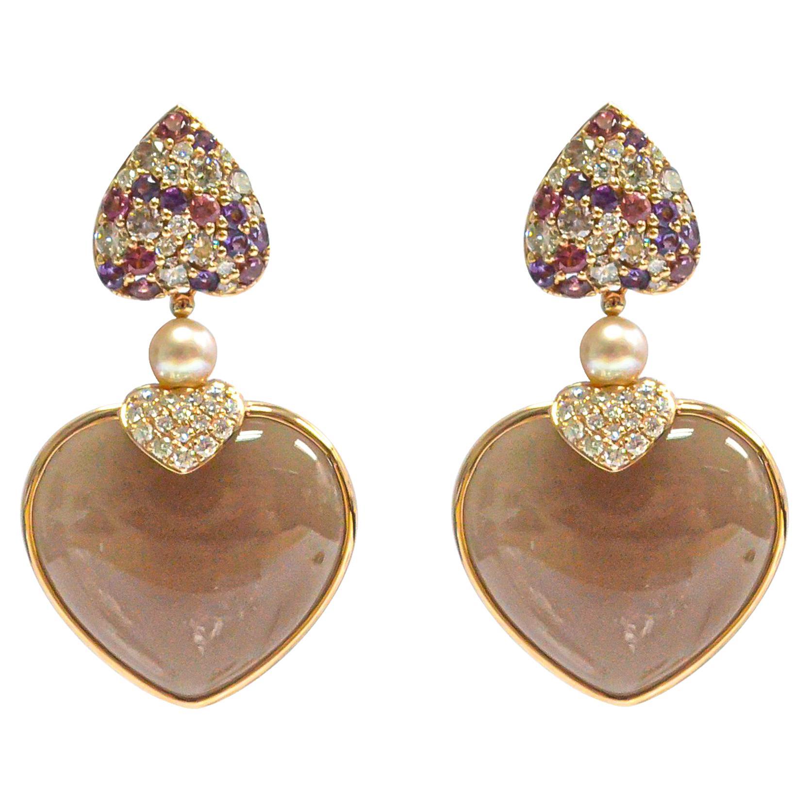 Two Sided Grey Moonstone & Pink Opal Heart Earrings in 18 Karat Rose Gold For Sale