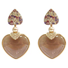 Two Sided Grey Moonstone & Pink Opal Heart Earrings in 18 Karat Rose Gold