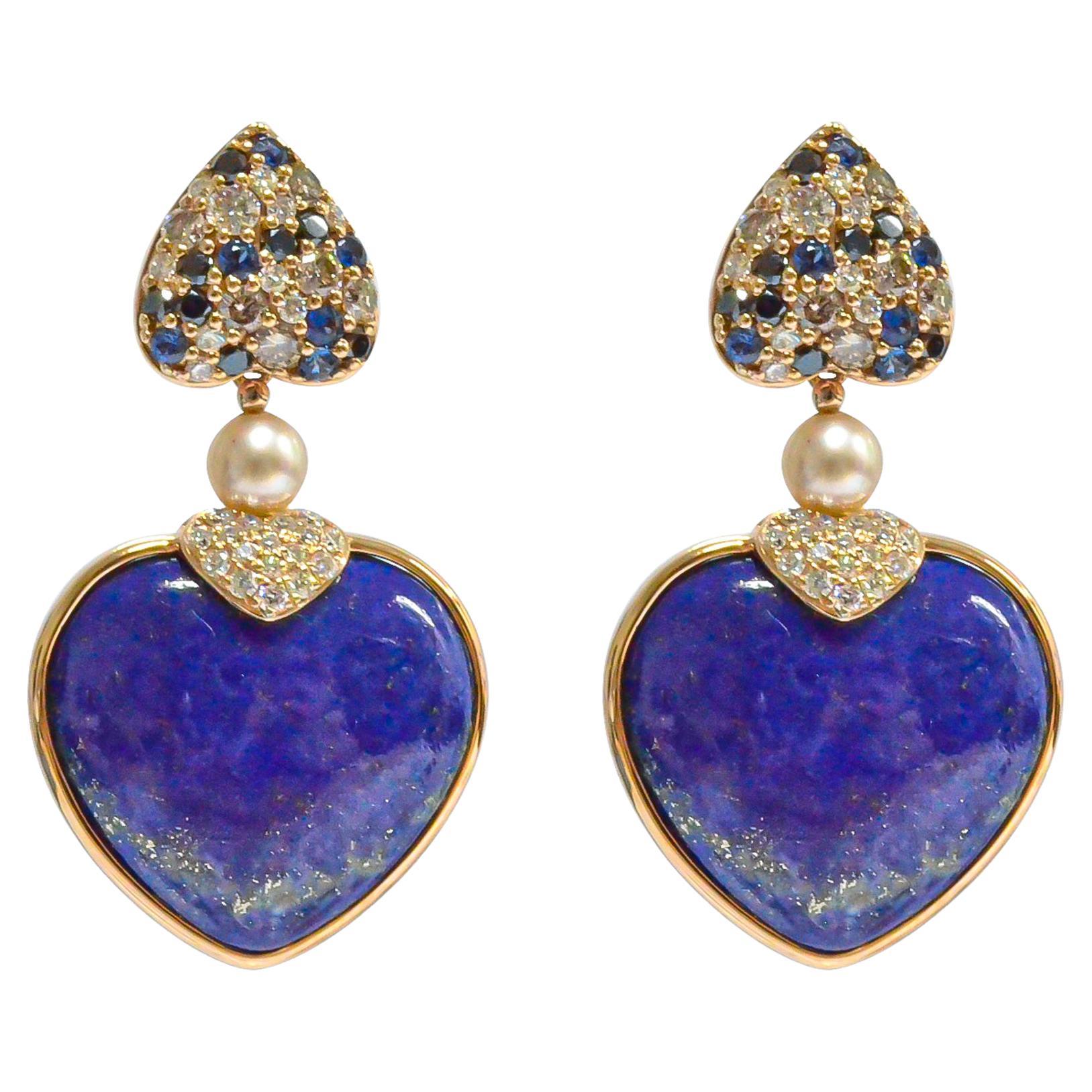 Two Sided Lapis & Black Onyx Heart Earrings in 18 Karat Rose Gold For Sale