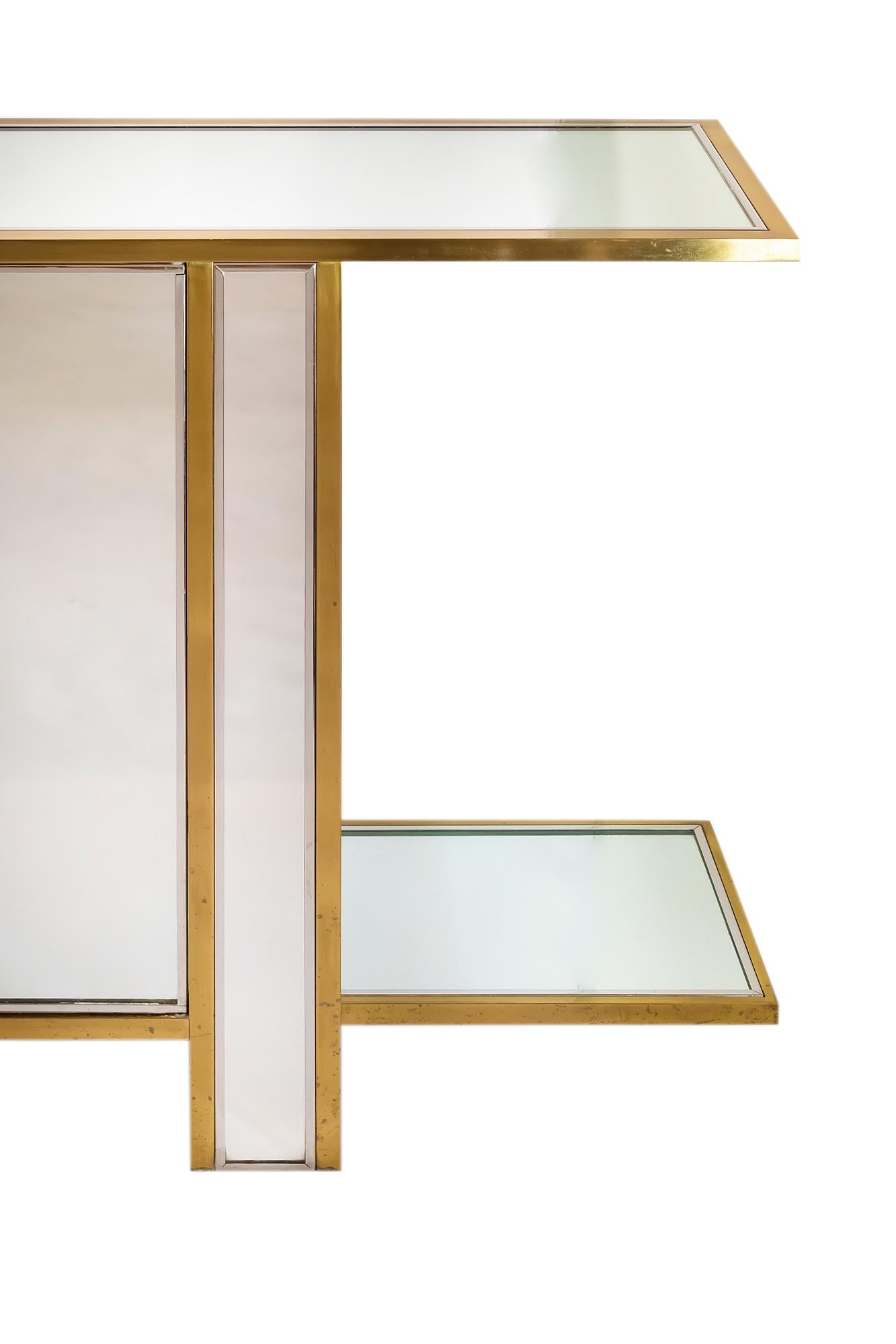 Italian Two Sided Mirrored Brass, Chrome and Glass Console Vitrine