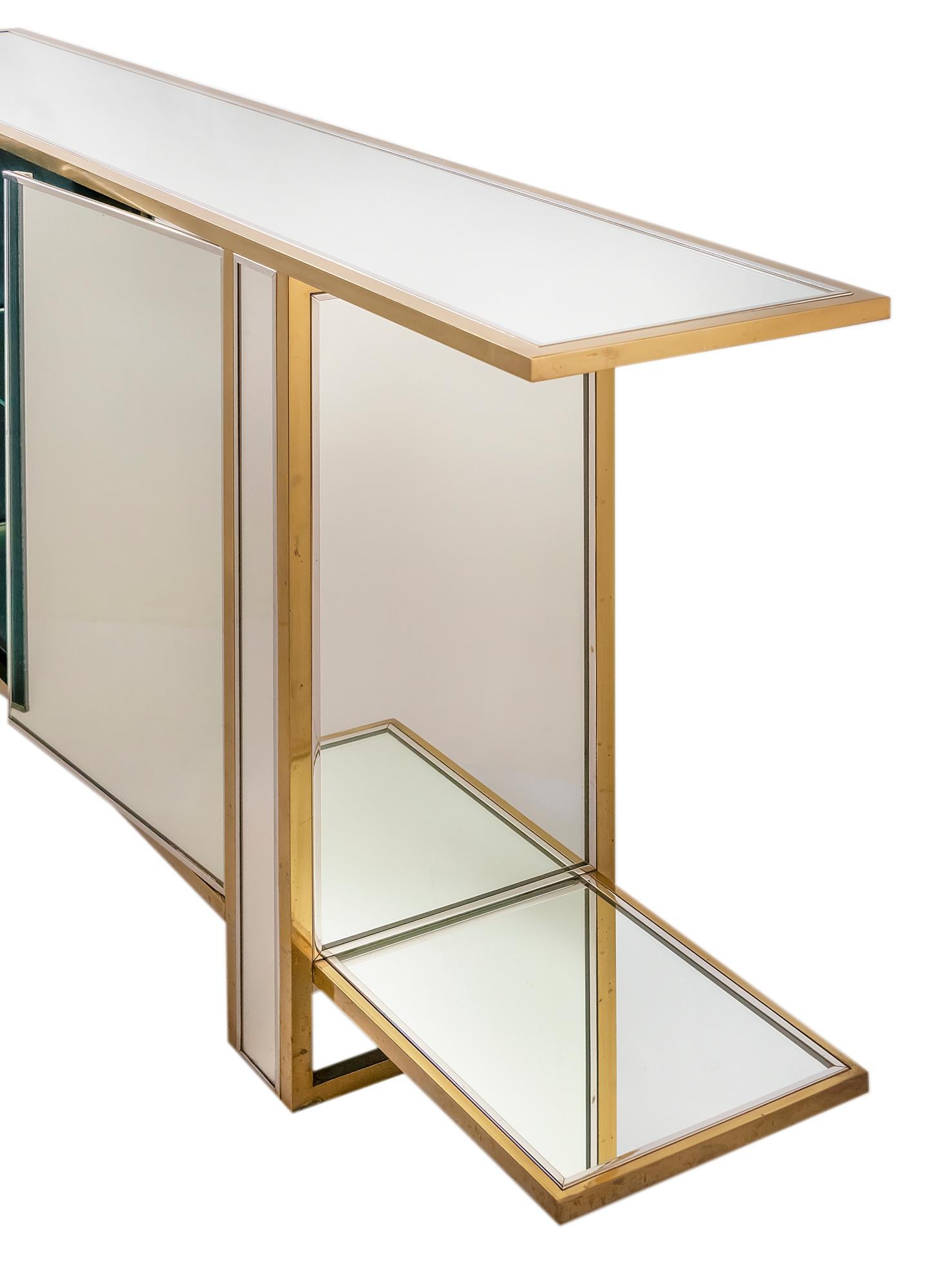 Two Sided Mirrored Brass, Chrome and Glass Console Vitrine 1