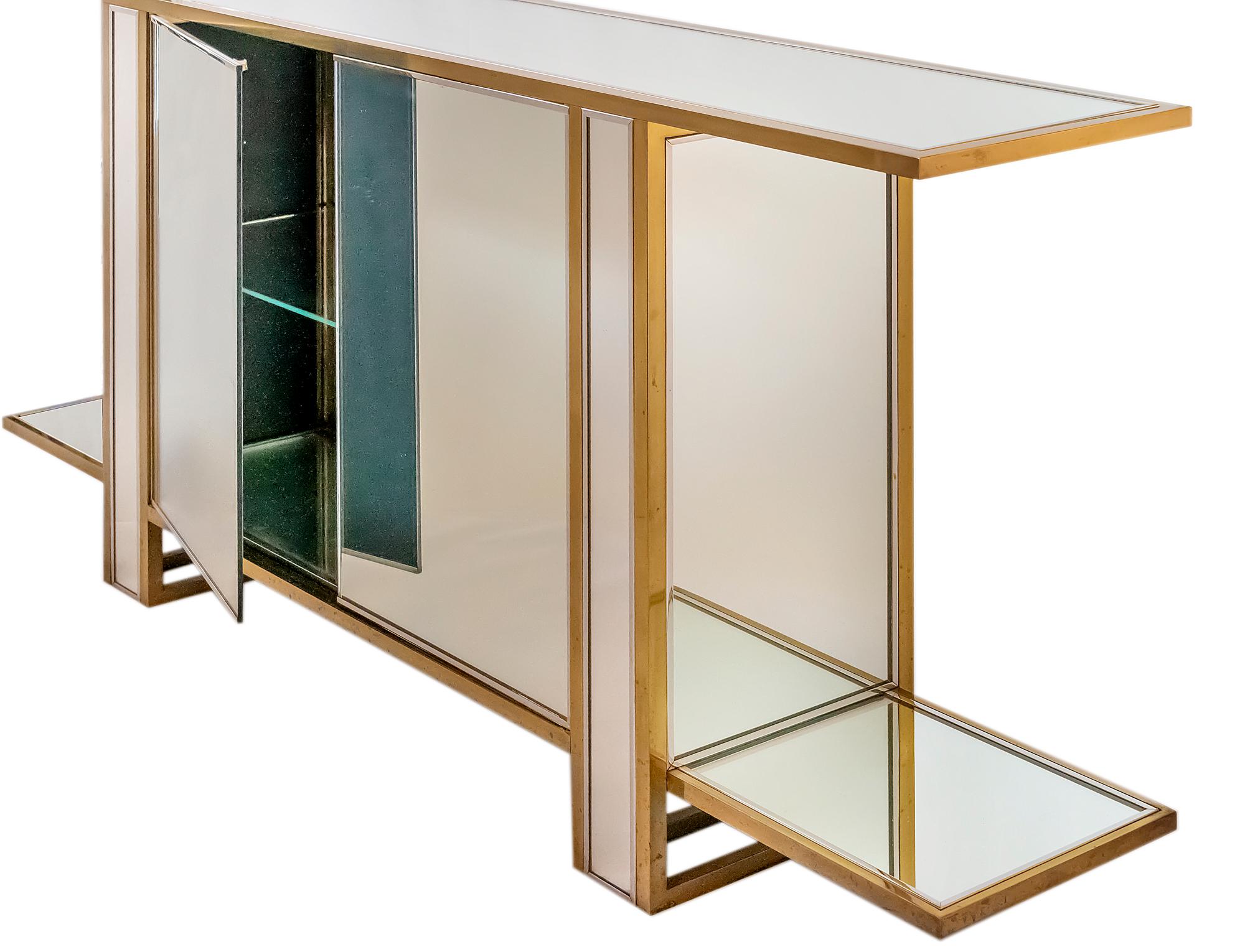 Two Sided Mirrored Brass, Chrome and Glass Console Vitrine 2