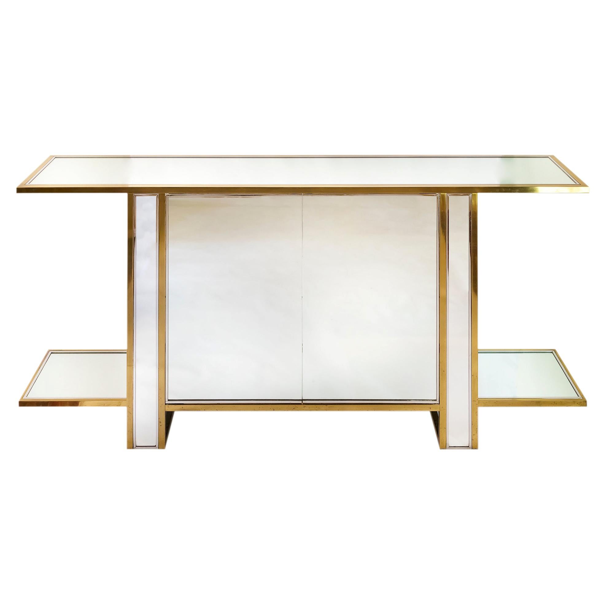 Two Sided Mirrored Brass, Chrome and Glass Console Vitrine