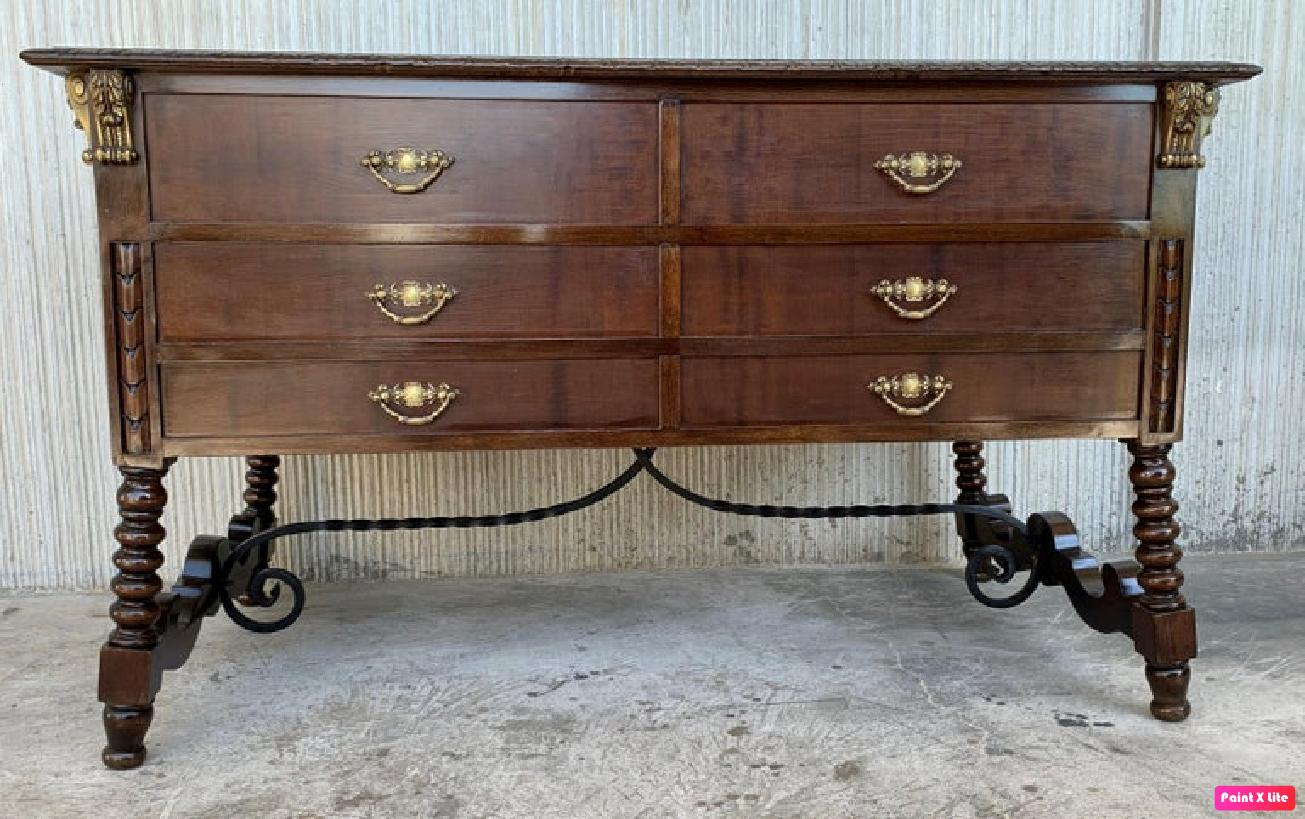 Spanish Colonial Two Sided Spanish Butcher Block with Six Drawers and Bronze Hardware For Sale