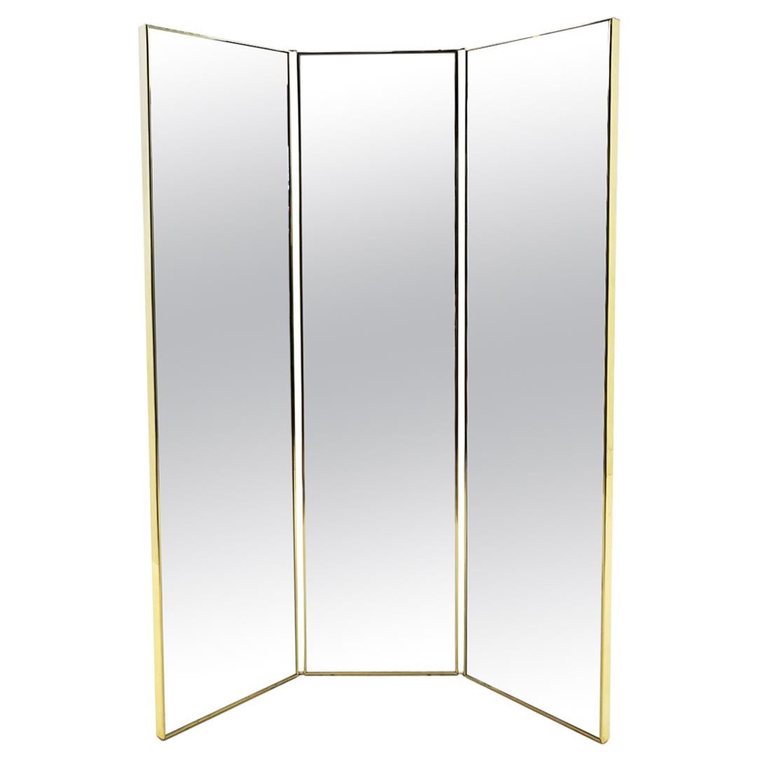 Two Sided Three-Panel Folding Dressing Mirror, Brass Frame and Detail