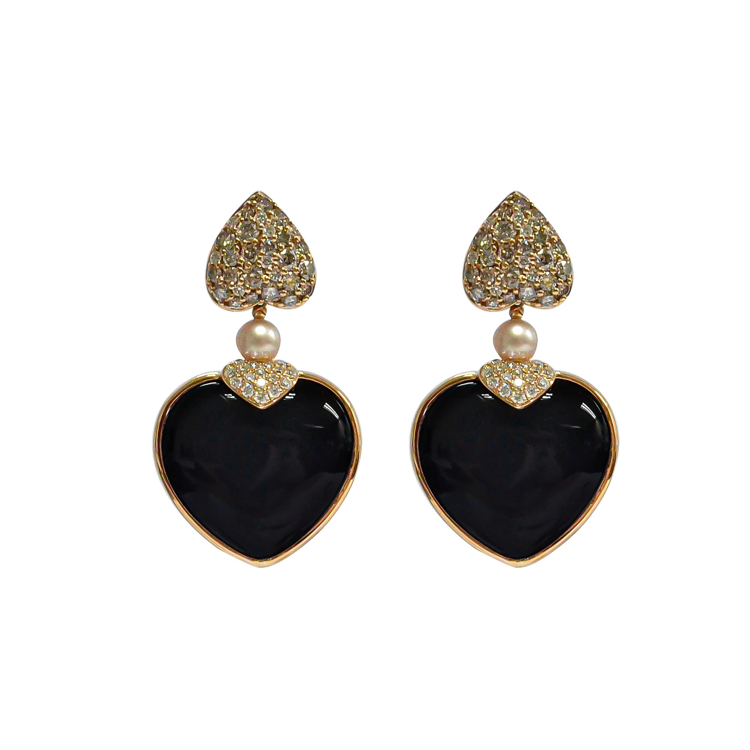 Contemporain Boucles d'oreilles en or rose 18 carats avec pierre de lune blanche à deux faces et cœur en onyx noir en vente