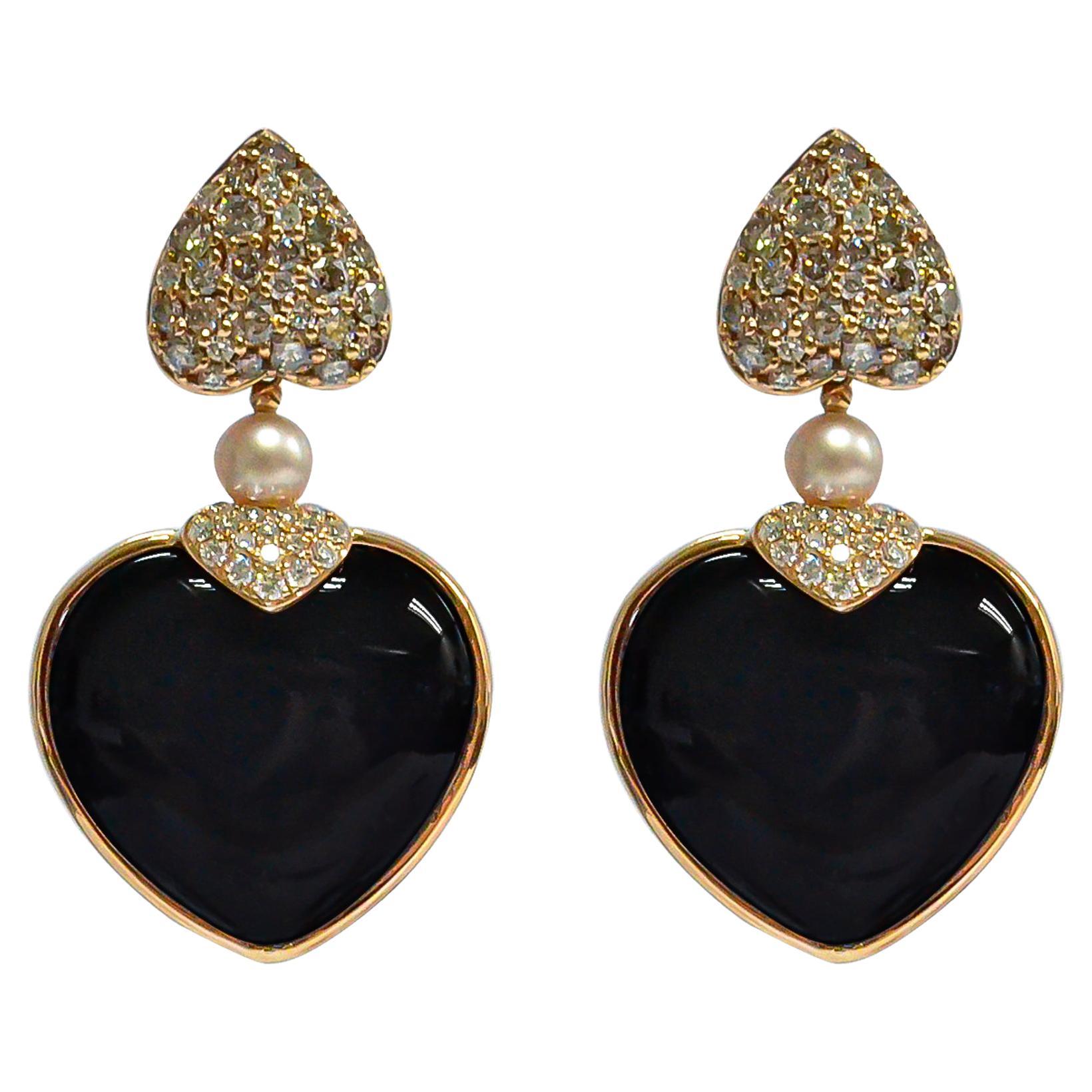 Boucles d'oreilles en or rose 18 carats avec pierre de lune blanche à deux faces et cœur en onyx noir en vente