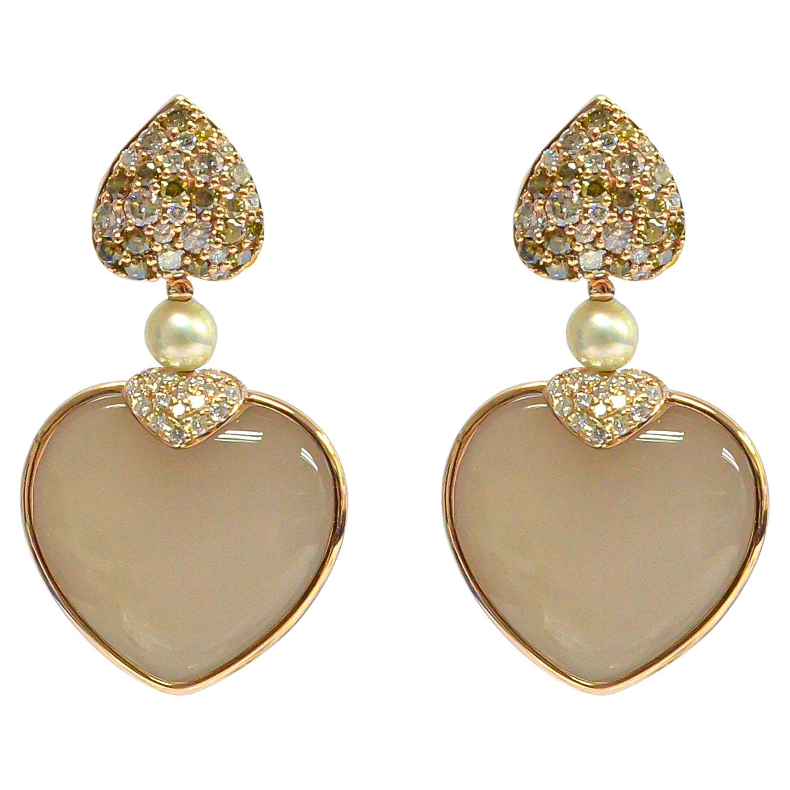 Two Sided White & Peach Moonstone Heart Earrings in 18 Karat Rose Gold