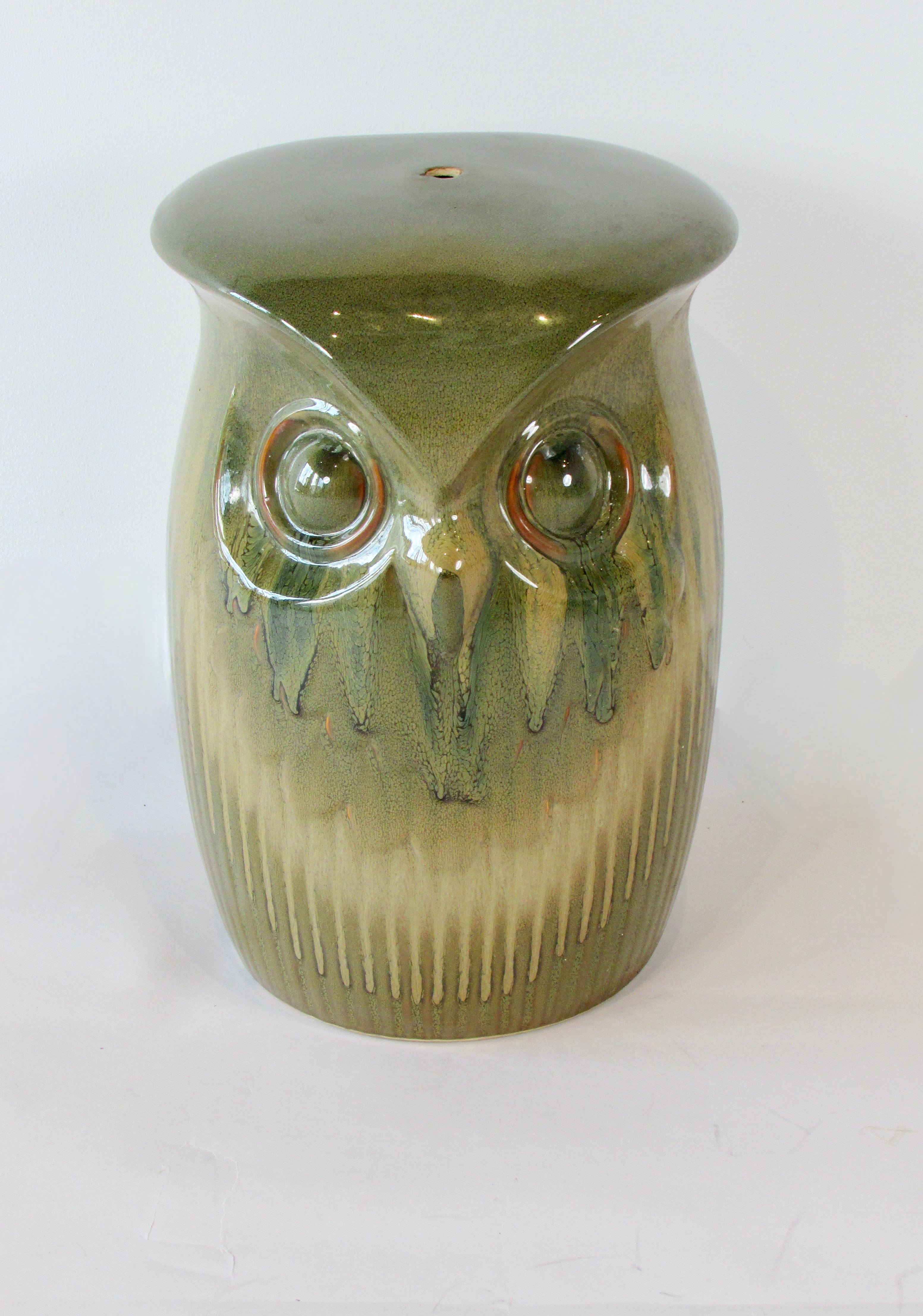 Glazed Two Sided Wise Old Owl Pottery Garden Bench For Sale