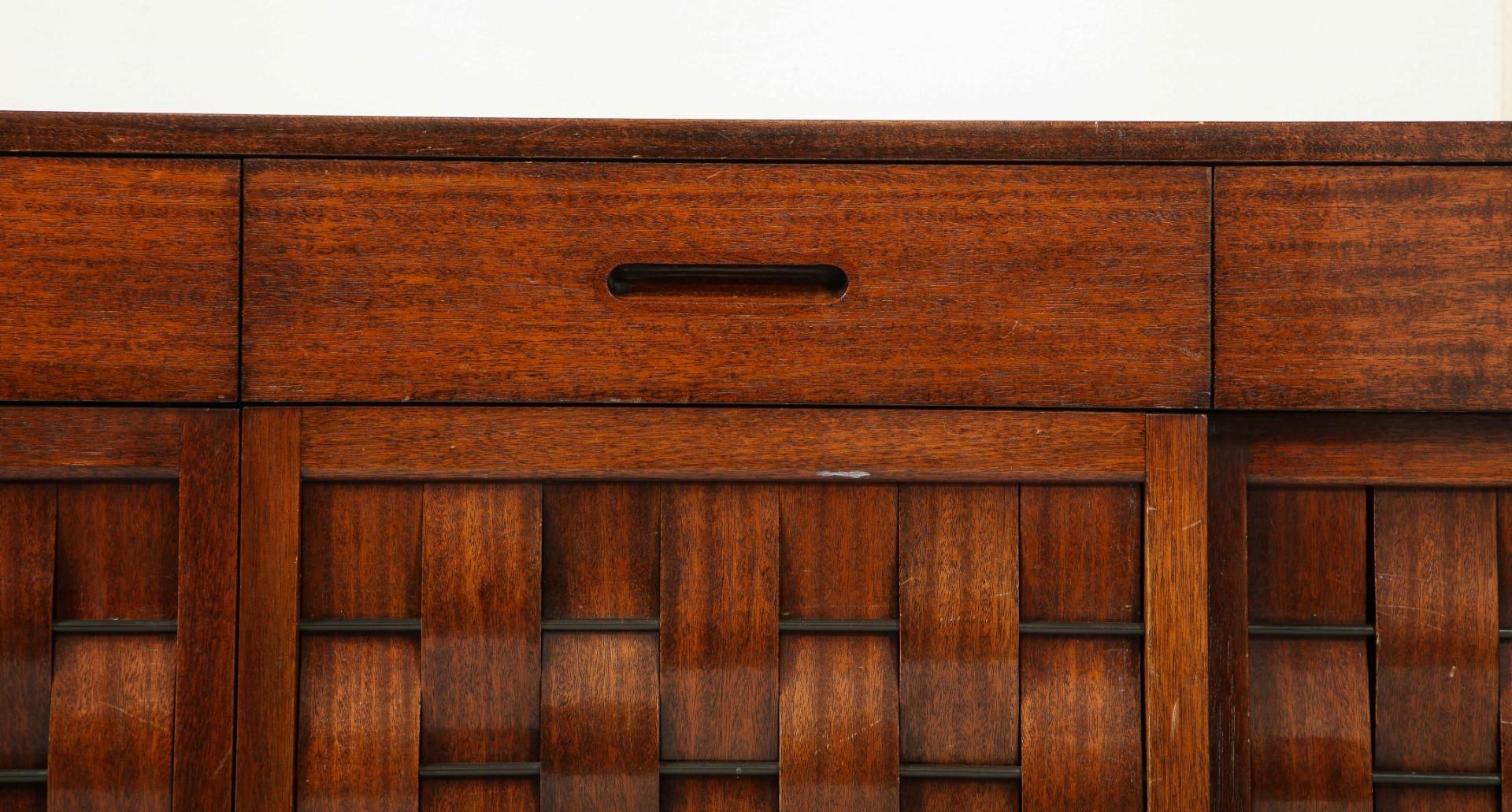 Two Signed Edward Wormley for Dunbar Ebonized Walnut Woven Front Credenzas For Sale 4