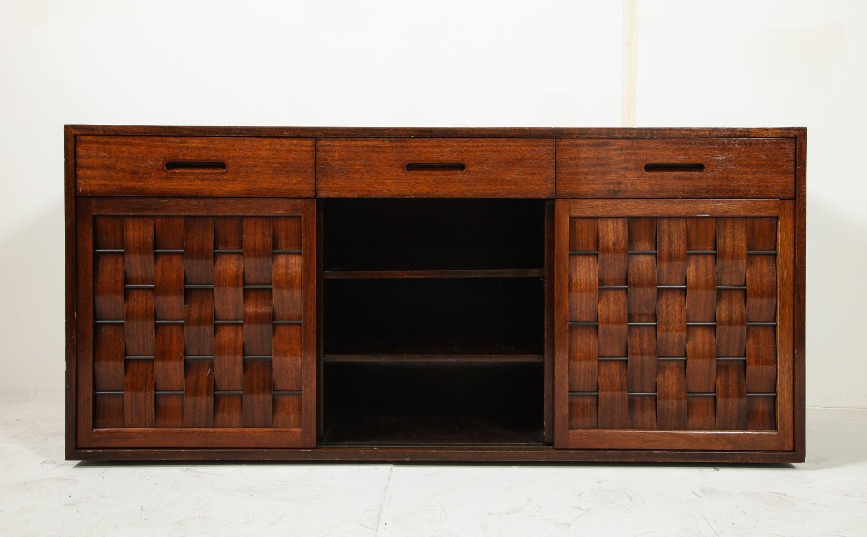 Two Signed Edward Wormley for Dunbar Ebonized Walnut Woven Front Credenzas For Sale 6