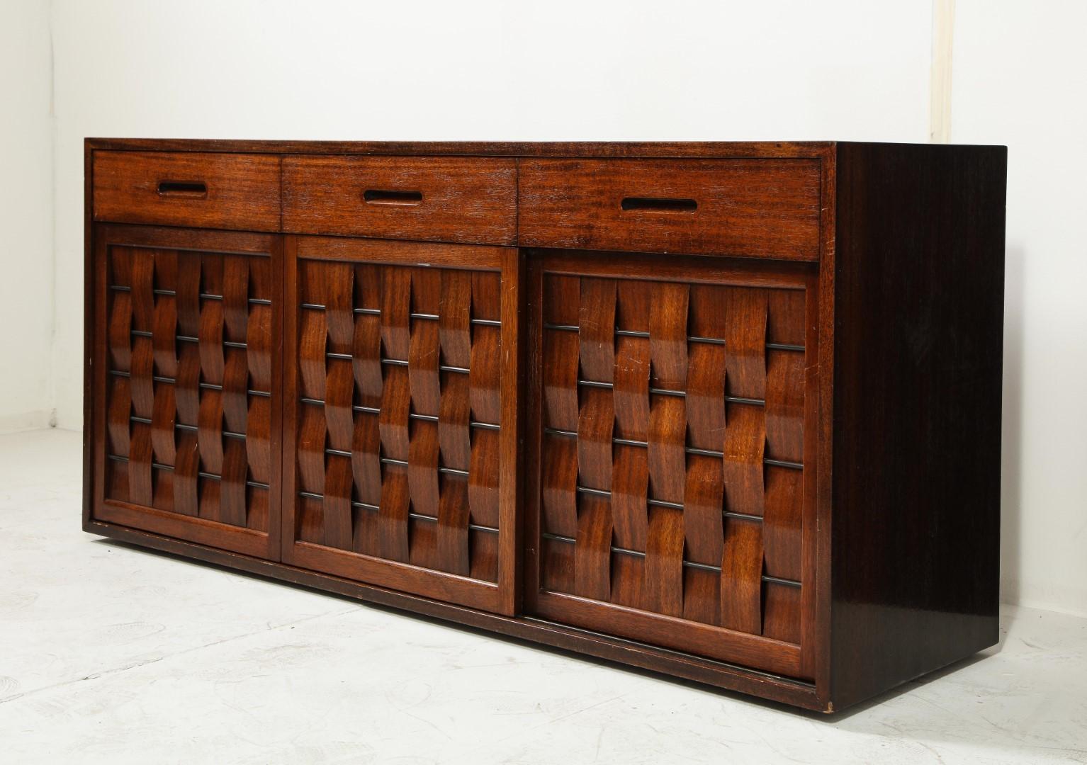 Two Signed Edward Wormley for Dunbar Ebonized Walnut Woven Front Credenzas For Sale 9