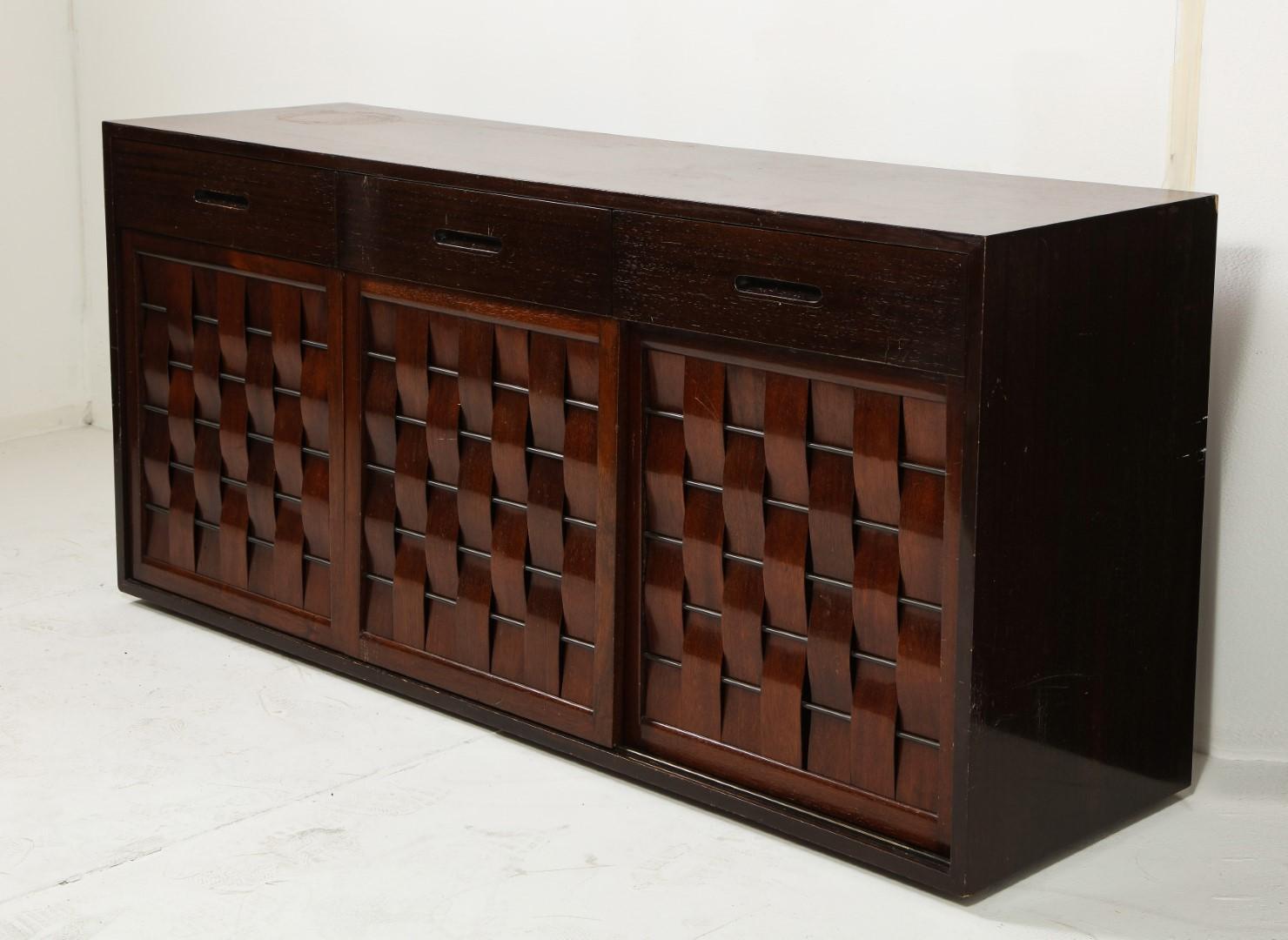 Mid-20th Century Two Signed Edward Wormley for Dunbar Ebonized Walnut Woven Front Credenzas For Sale