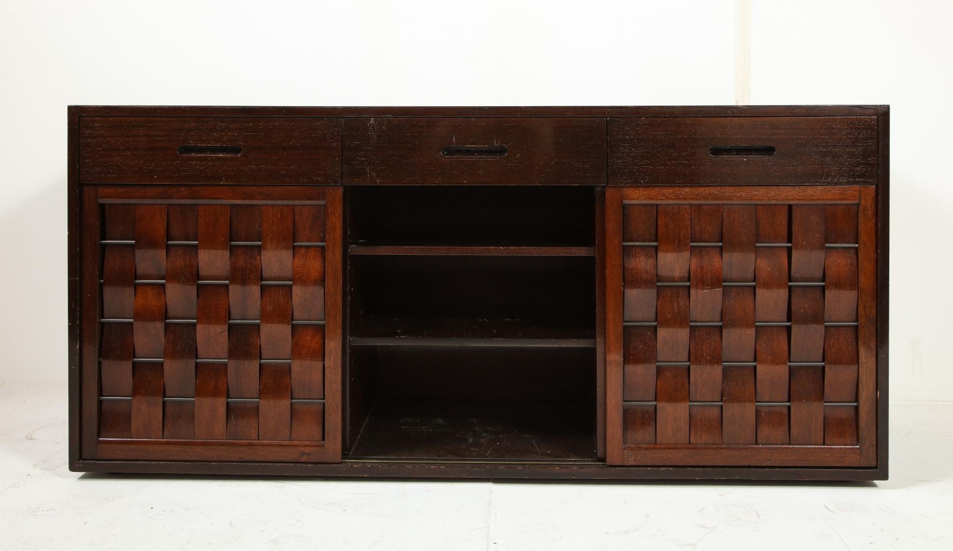 Two Signed Edward Wormley for Dunbar Ebonized Walnut Woven Front Credenzas For Sale 1
