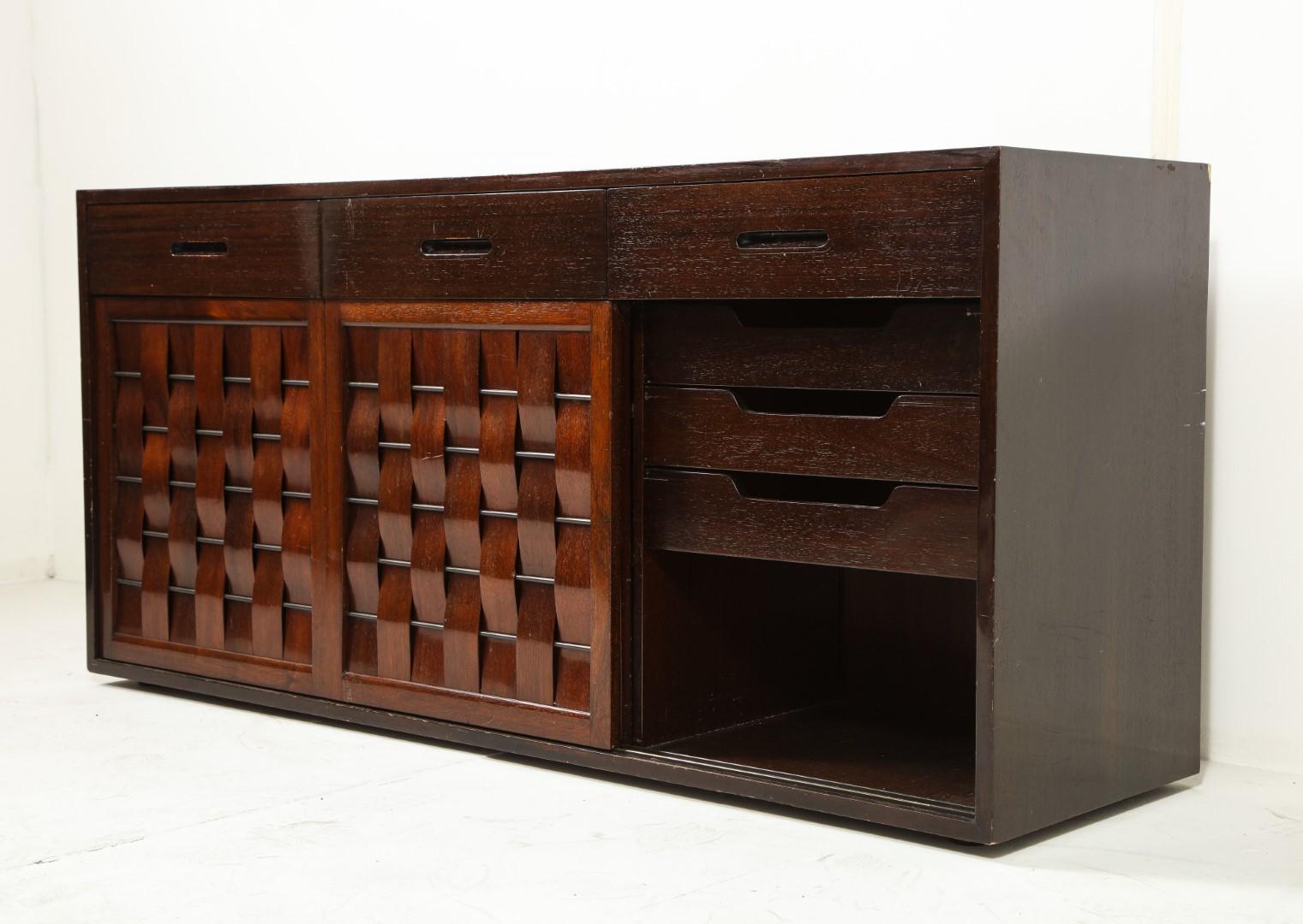 Two Signed Edward Wormley for Dunbar Ebonized Walnut Woven Front Credenzas For Sale 3