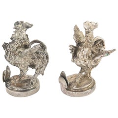 Vintage Two Silver Plate Rooster Menus or Place Card Holders, a Pair