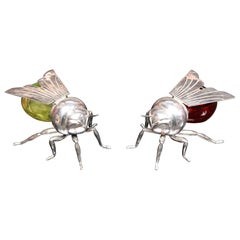 Two silver plated and glass preserve pots in the form of bees