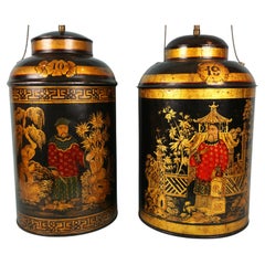 Two Similar Chinese Export Tole Tea Containers Now as Lamps