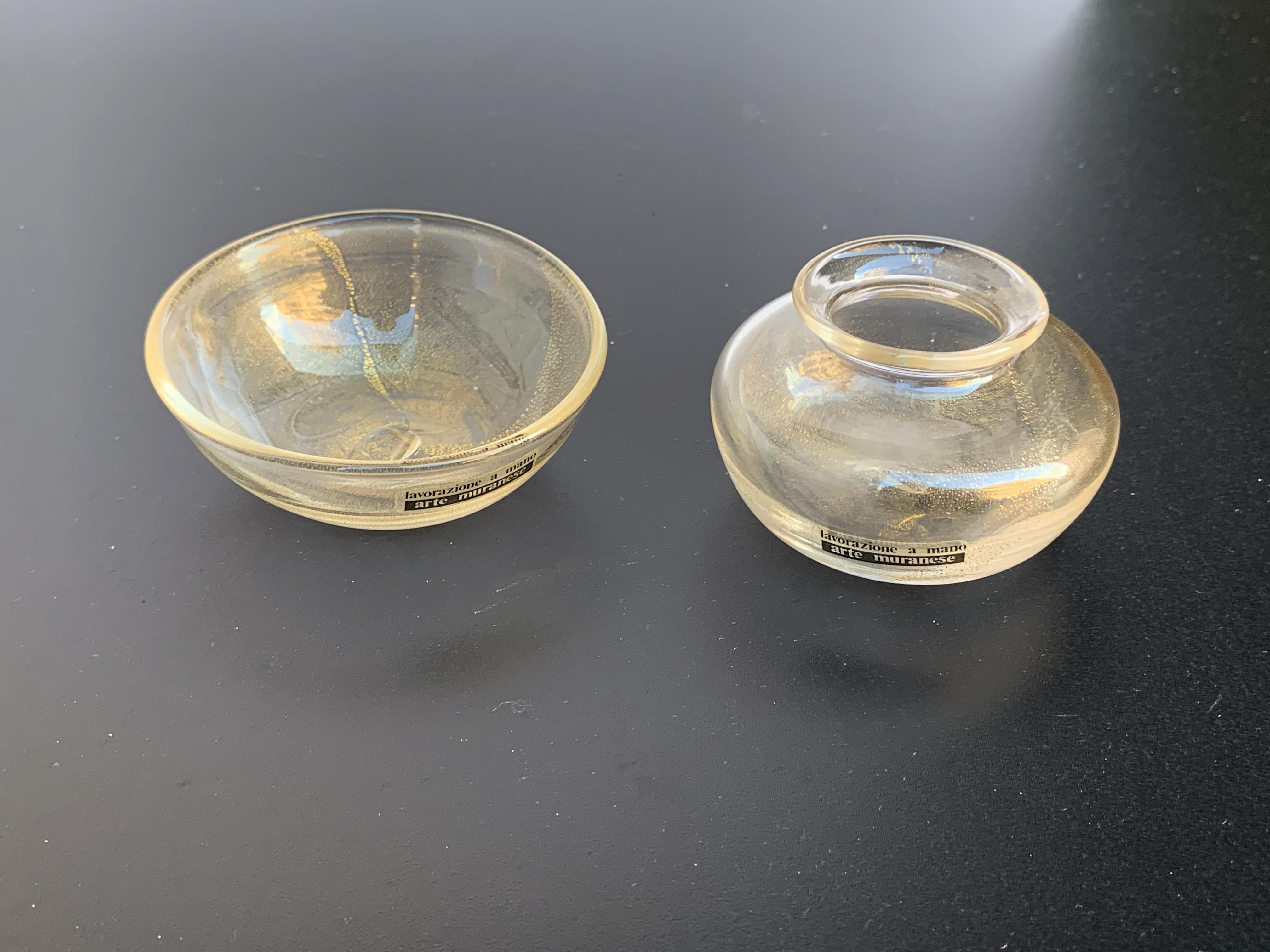 Dos Cuencos Pequeños en Cristal de Murano con Oro de Arte Muranese, Cristal Coleccionable Europeo en venta