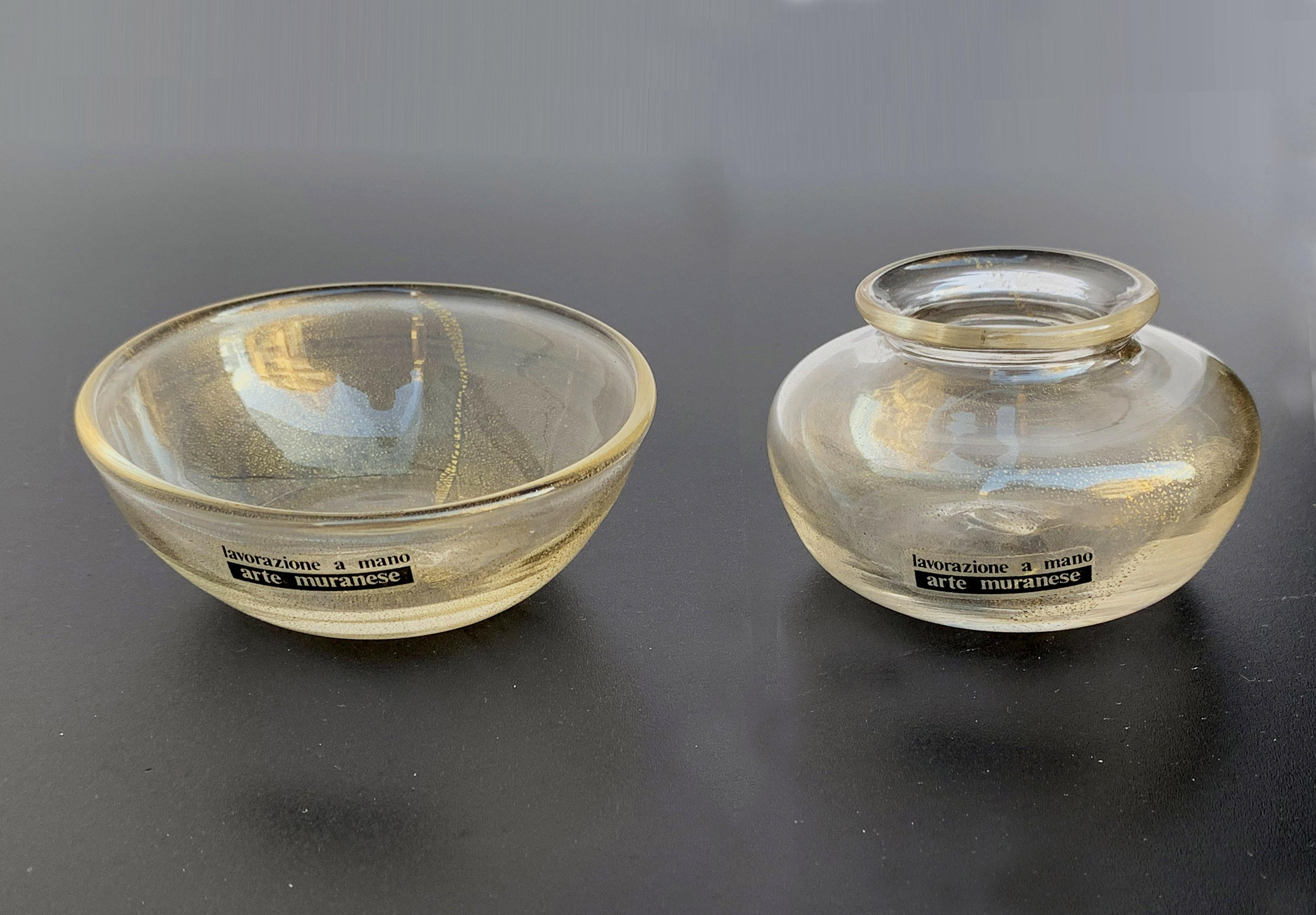 Mid-Century Modern Two Small Bowls in Murano Glass with Gold by Arte Muranese, Collectible Glass For Sale