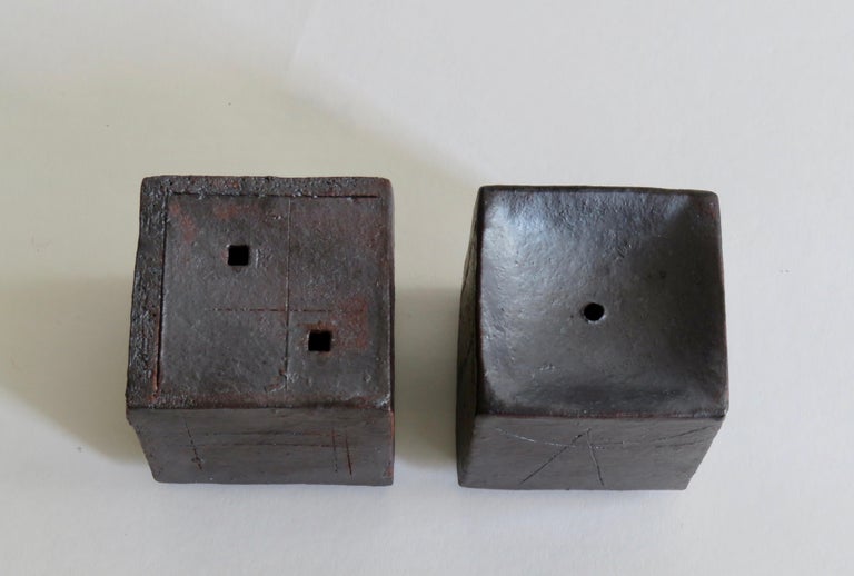 “Two Small Contemplation Boxes, 3 Inch Cubes, Hand Built Glazed Stoneware”
A pair of small 3 inch cube box or bud vase to hold your thoughts or a tiny flower. Hand carved line-drawn geometric designs, each side is different. One is flat with a