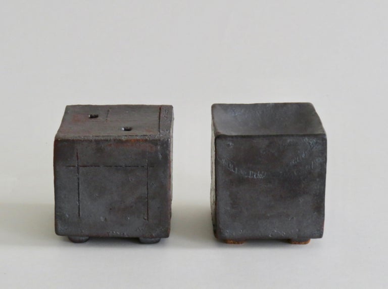 Organic Modern Two Small Contemplation Boxes 'Vase', Hand Built Ceramic, Rustic Metallic Glaze For Sale