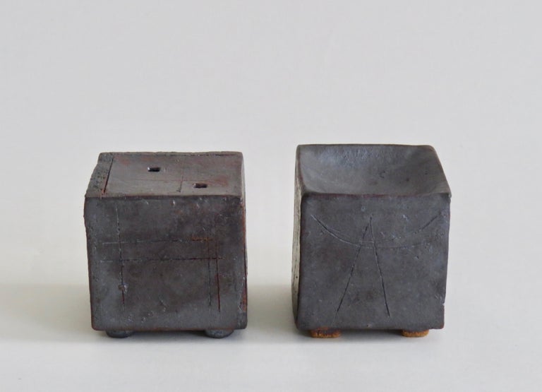 Glazed Two Small Contemplation Boxes 'Vase', Hand Built Ceramic, Rustic Metallic Glaze For Sale